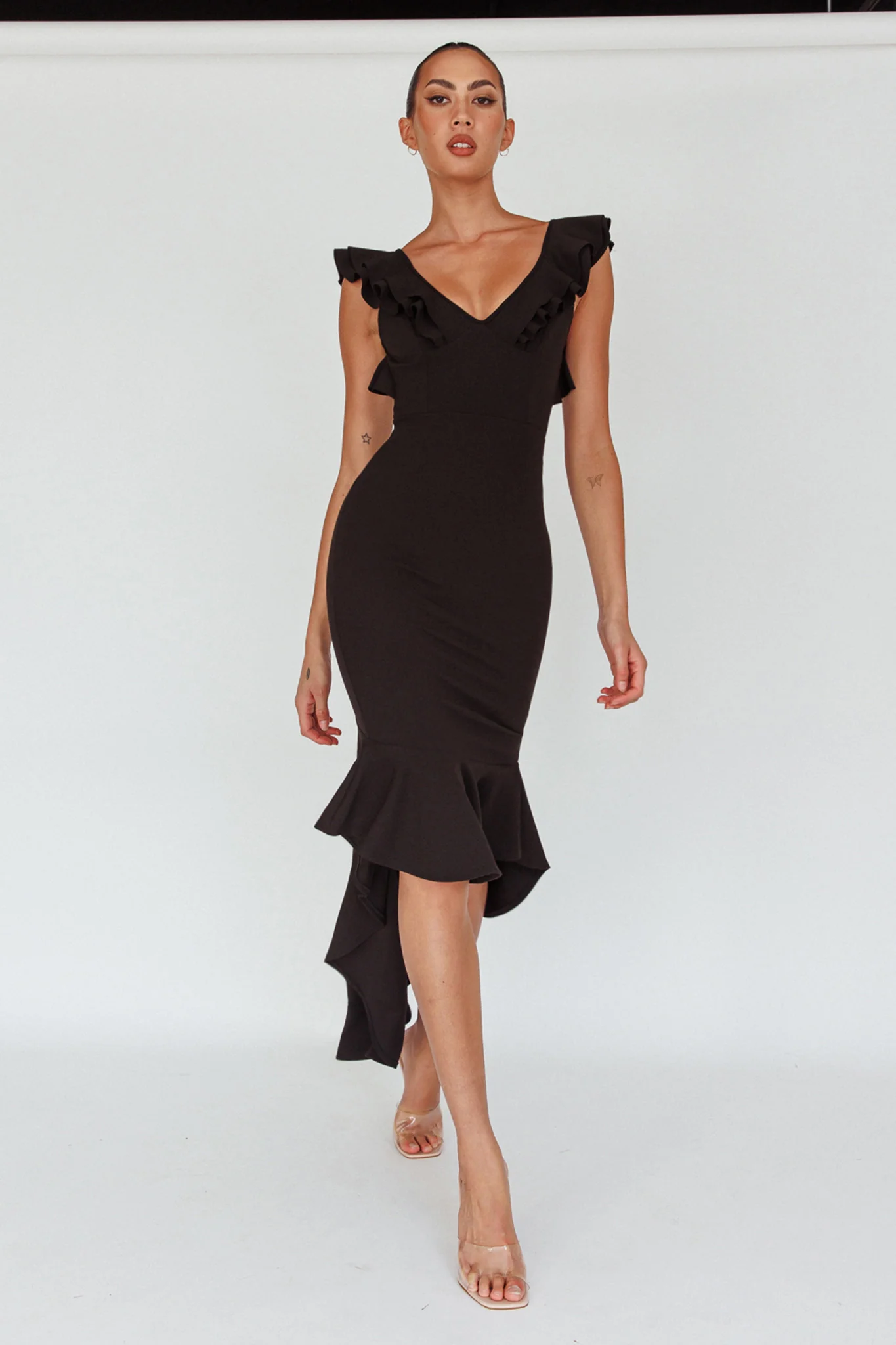 Pearl Ruffle Strap High-Low Hem Dress Black - Image 5