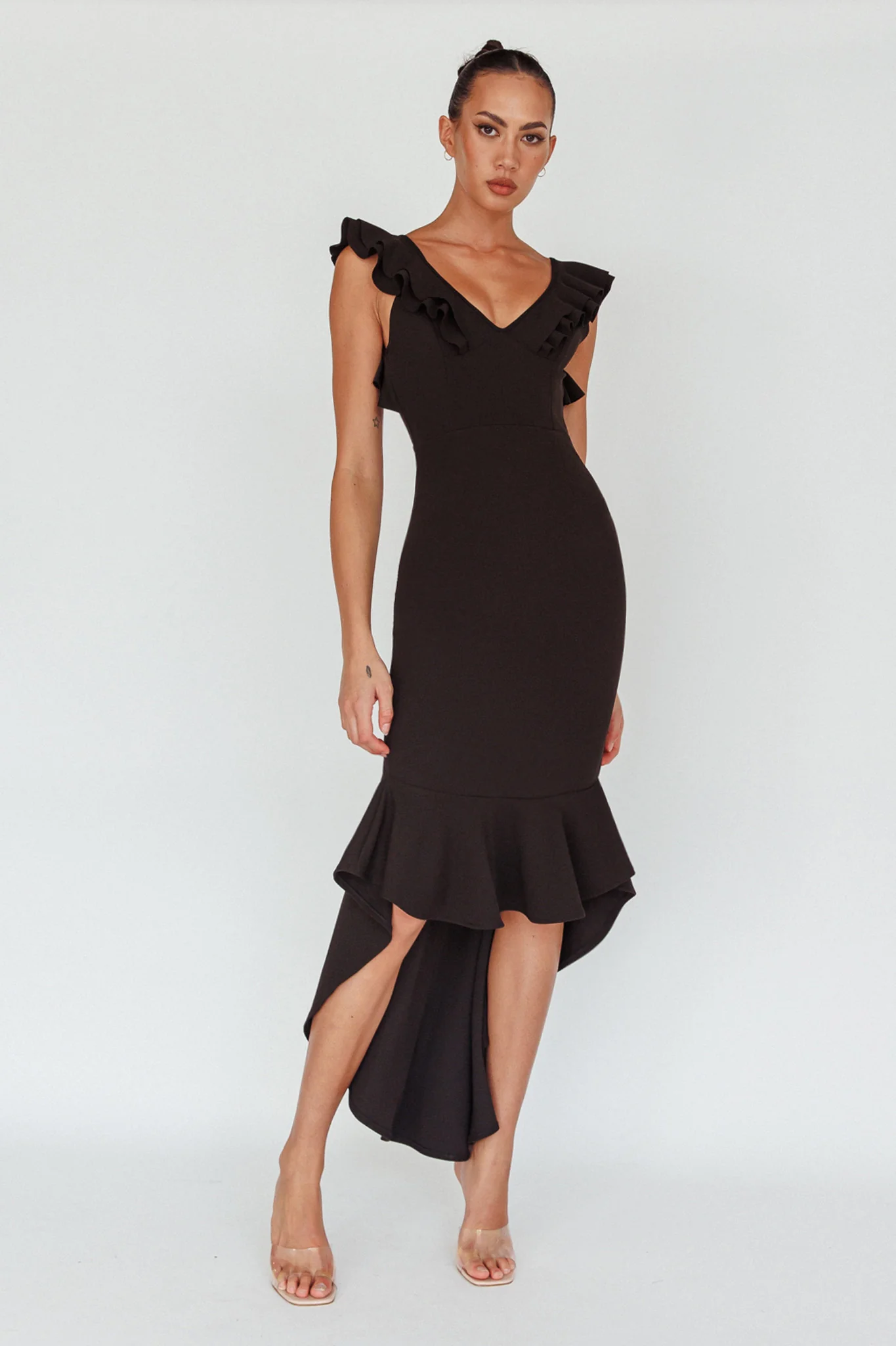 Pearl Ruffle Strap High-Low Hem Dress Black - Image 6
