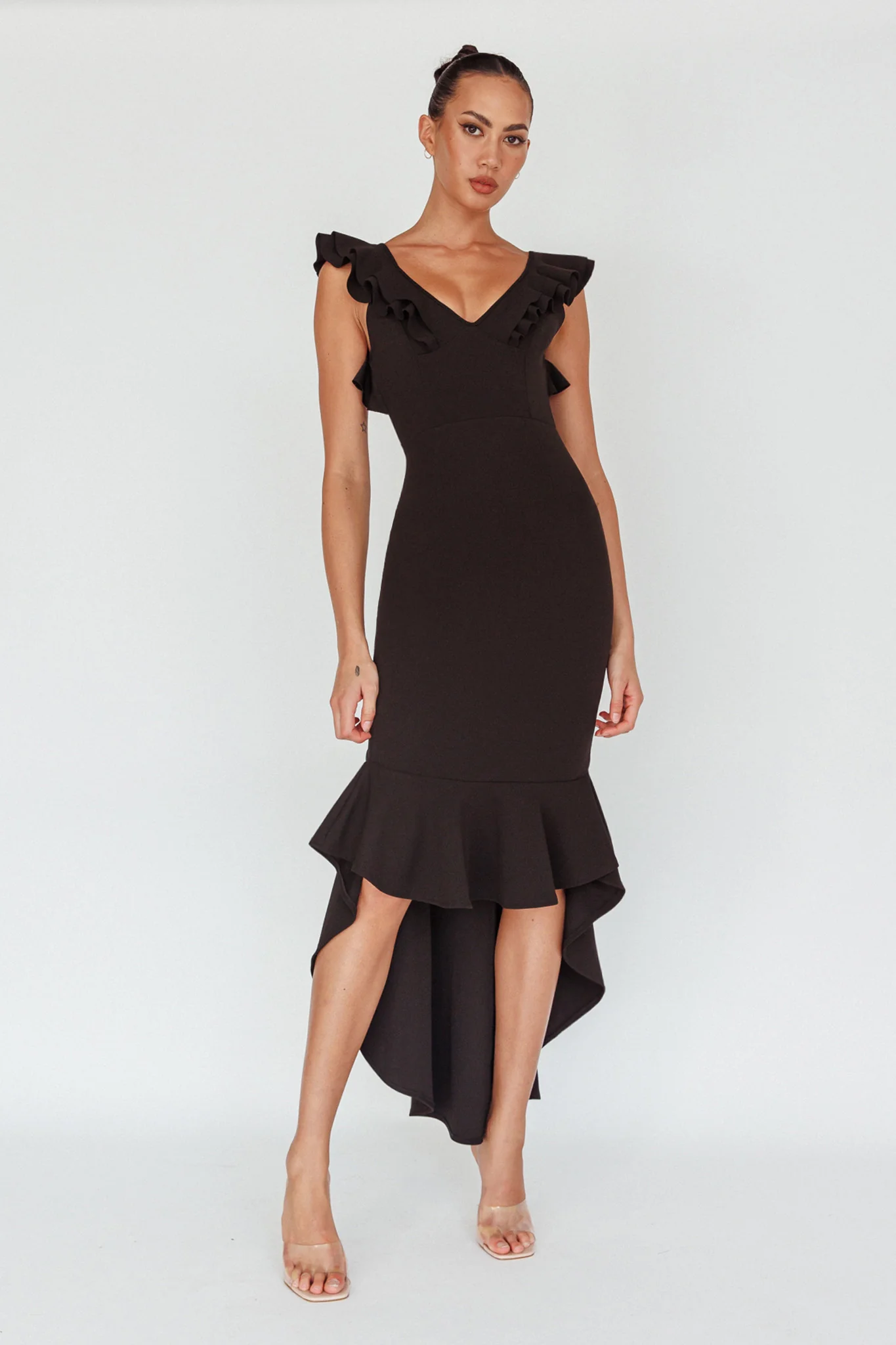 Pearl Ruffle Strap High-Low Hem Dress Black - Image 7