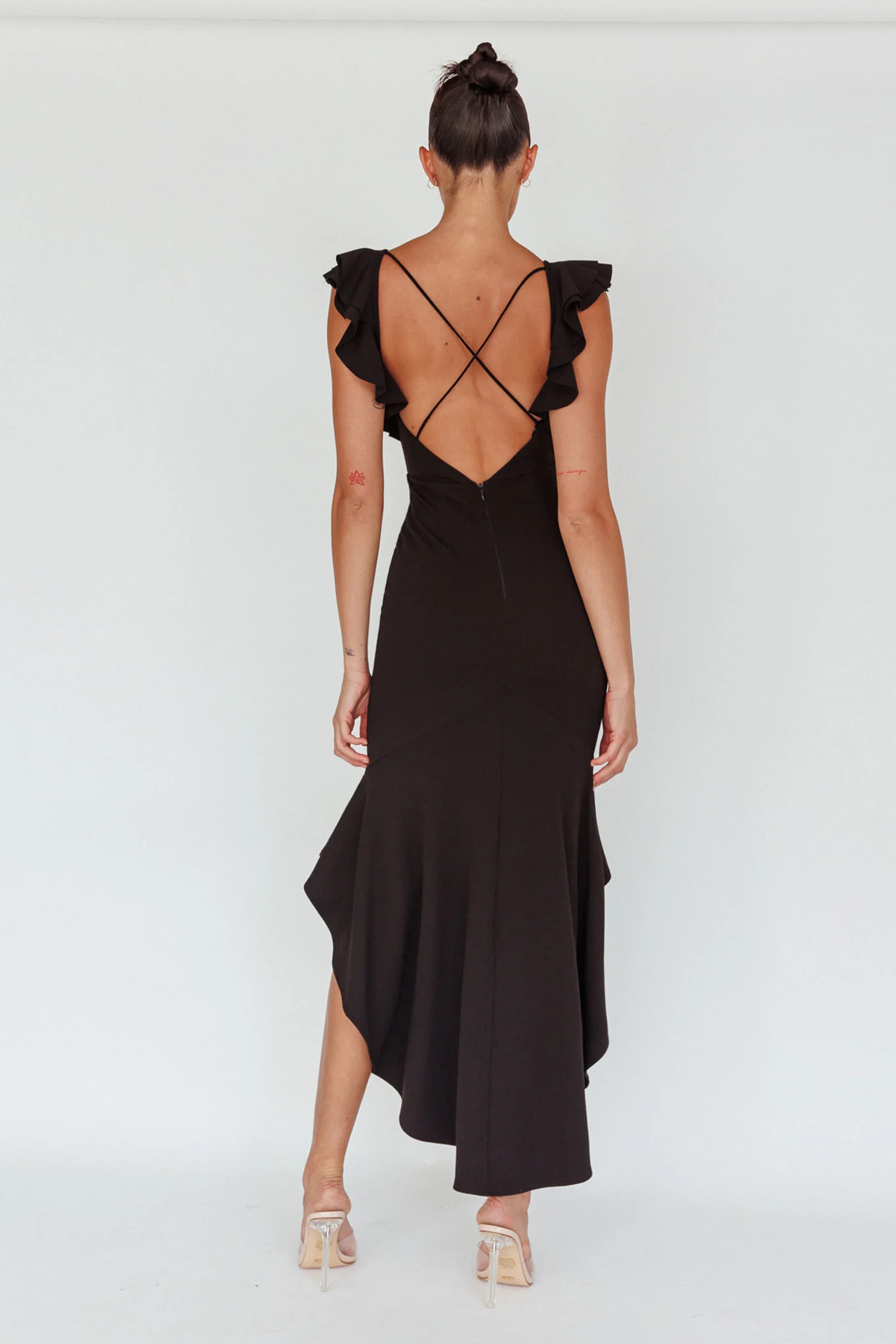 Pearl Ruffle Strap High-Low Hem Dress Black - Image 8
