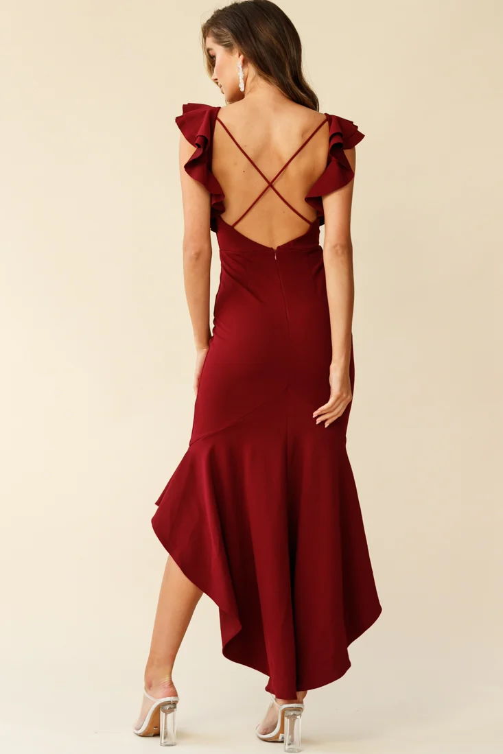Pearl Ruffle Strap High-Low Hem Dress Plum - Image 6