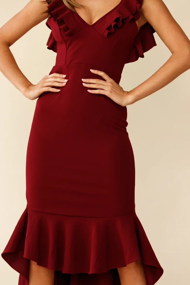 Pearl Ruffle Strap High-Low Hem Dress Plum - Image 7