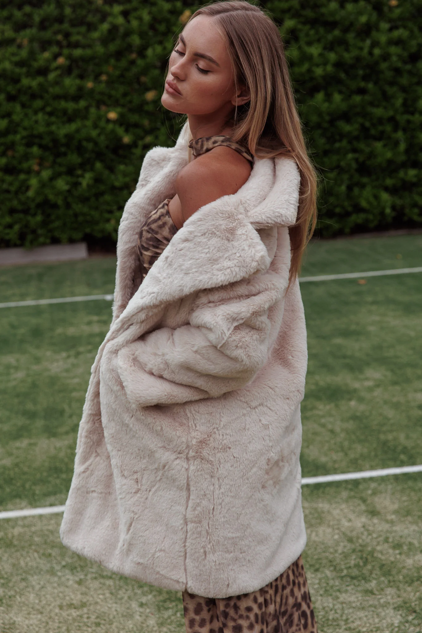 Perceptions Longline Faux Fur Coat Beige - Image 7