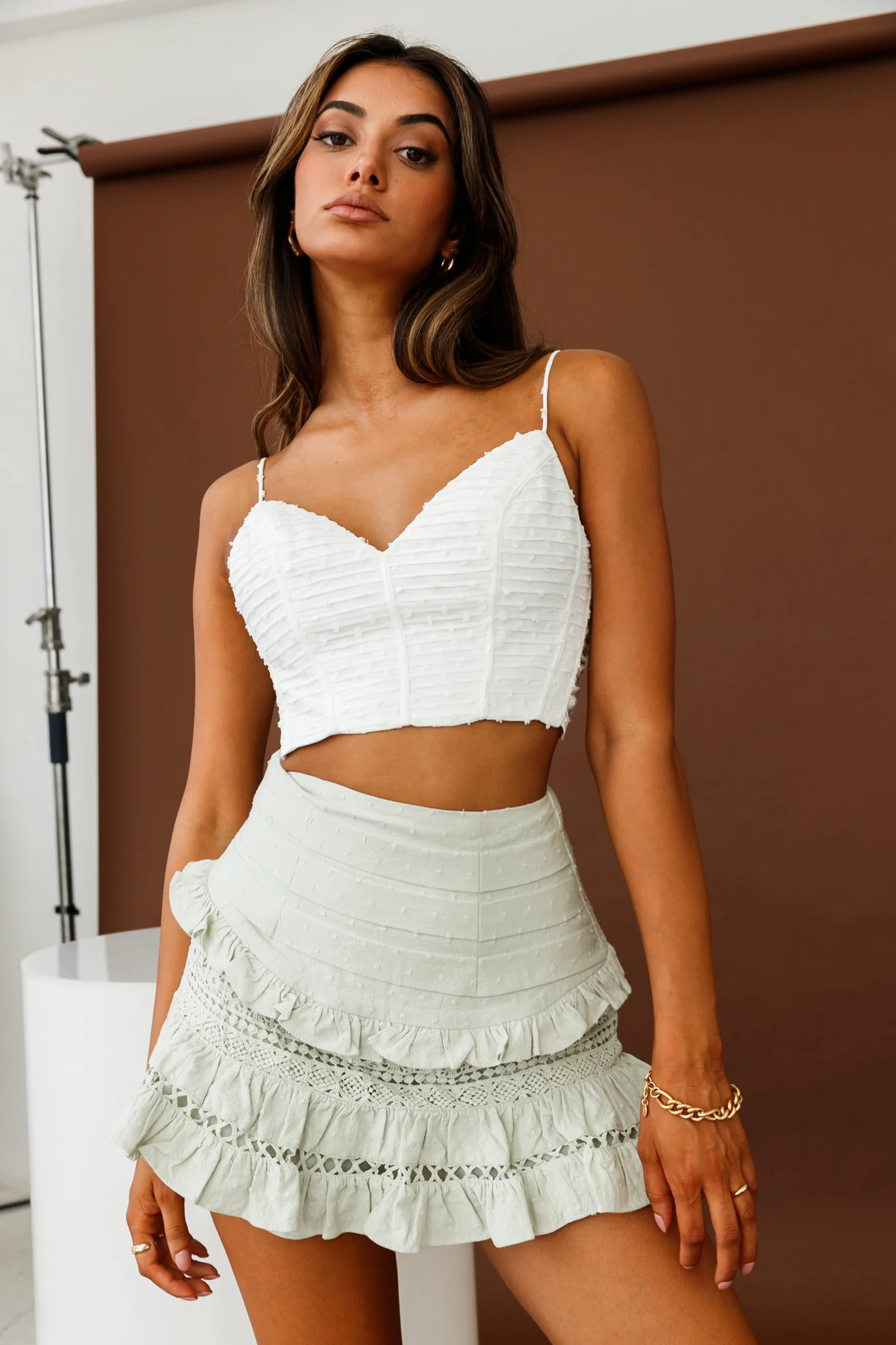 Perfect Timing Pleated Waist Frill Trim Mini Skirt Sage - Image 6