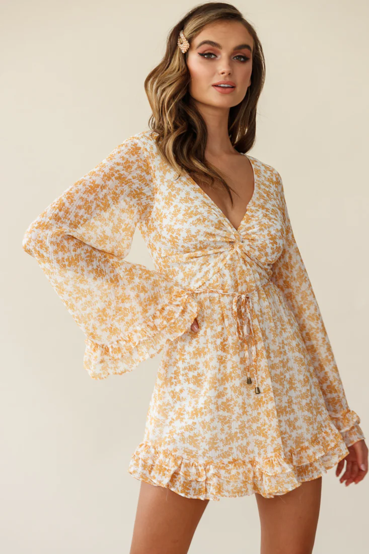 Perri Bell Sleeve Twist Knot Bust Dress Floral Print Yellow - Image 4