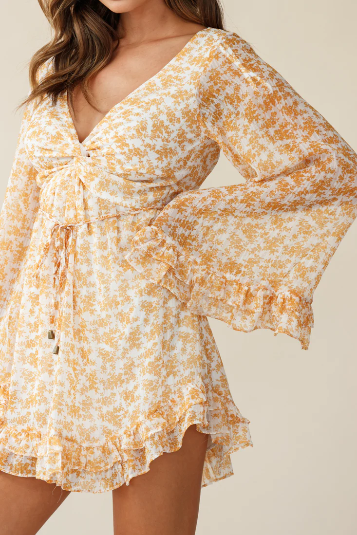 Perri Bell Sleeve Twist Knot Bust Dress Floral Print Yellow - Image 6