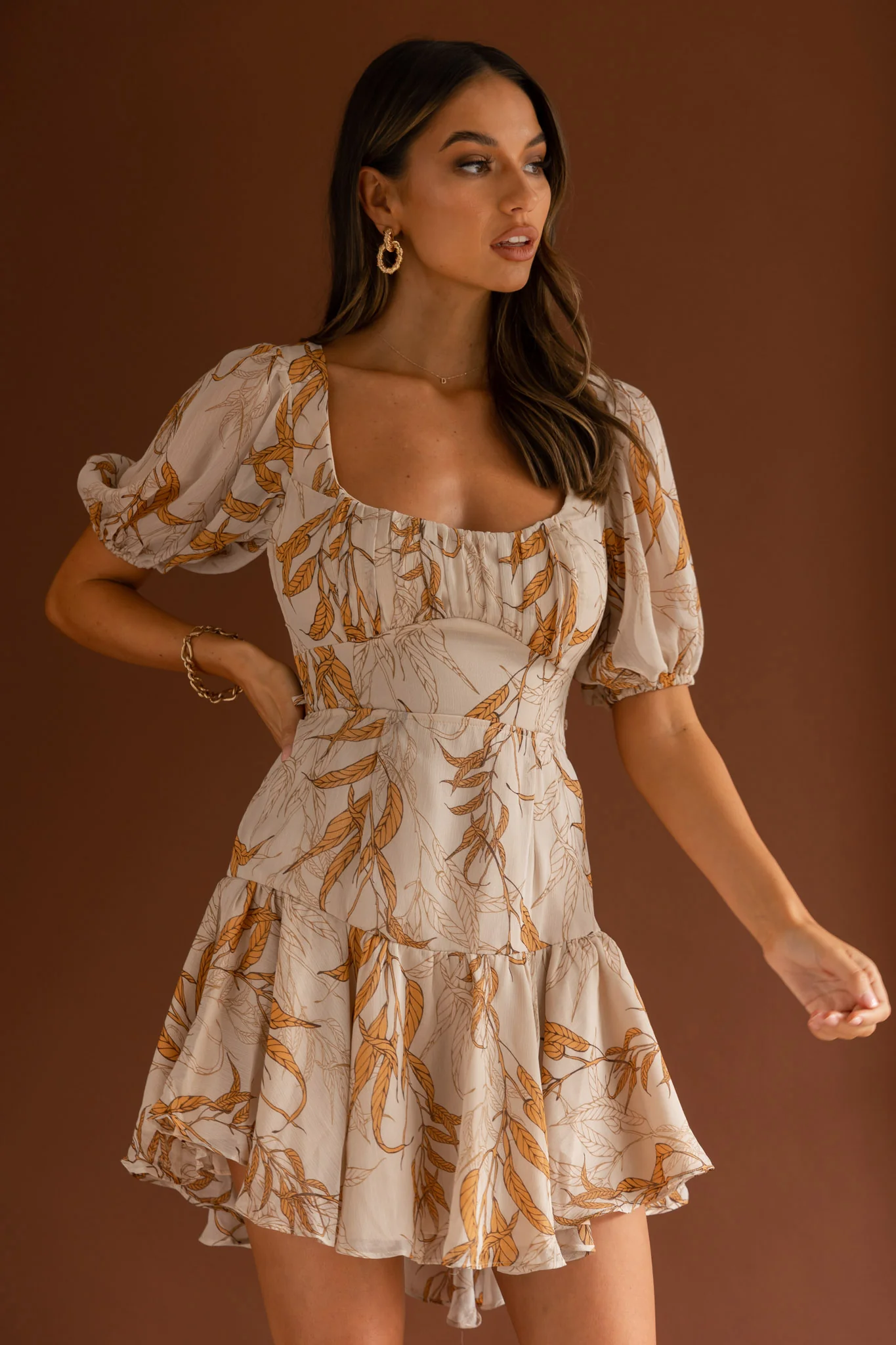 Petite Cherie Puff Sleeve Lace-Up Back Dress Leaf Print Beige - Image 6