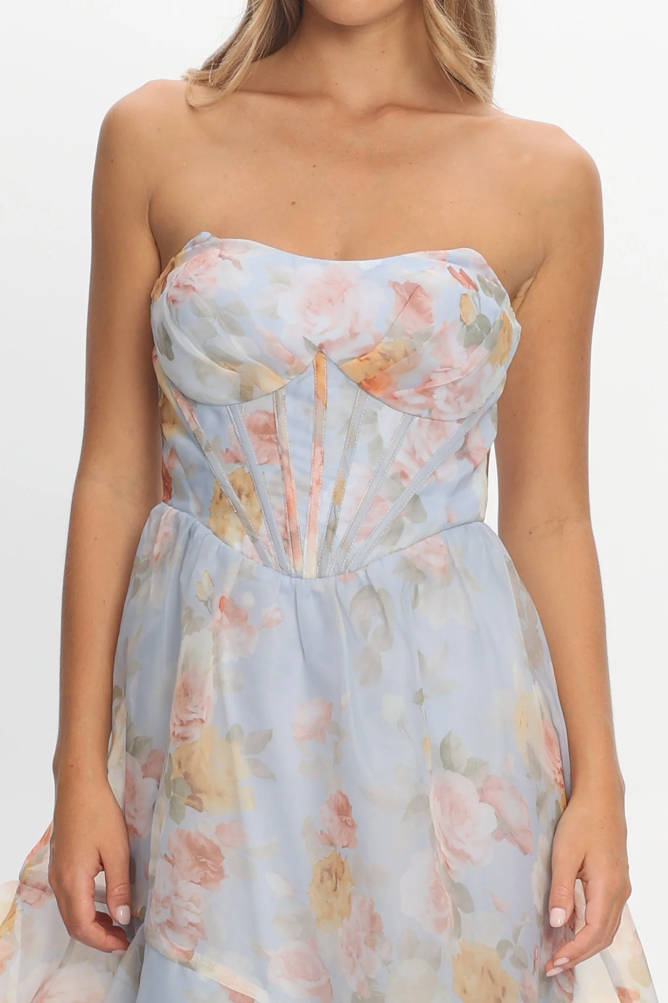 Petrice Asymmetric Layer Maxi Dress Floral Light Blue - Image 3