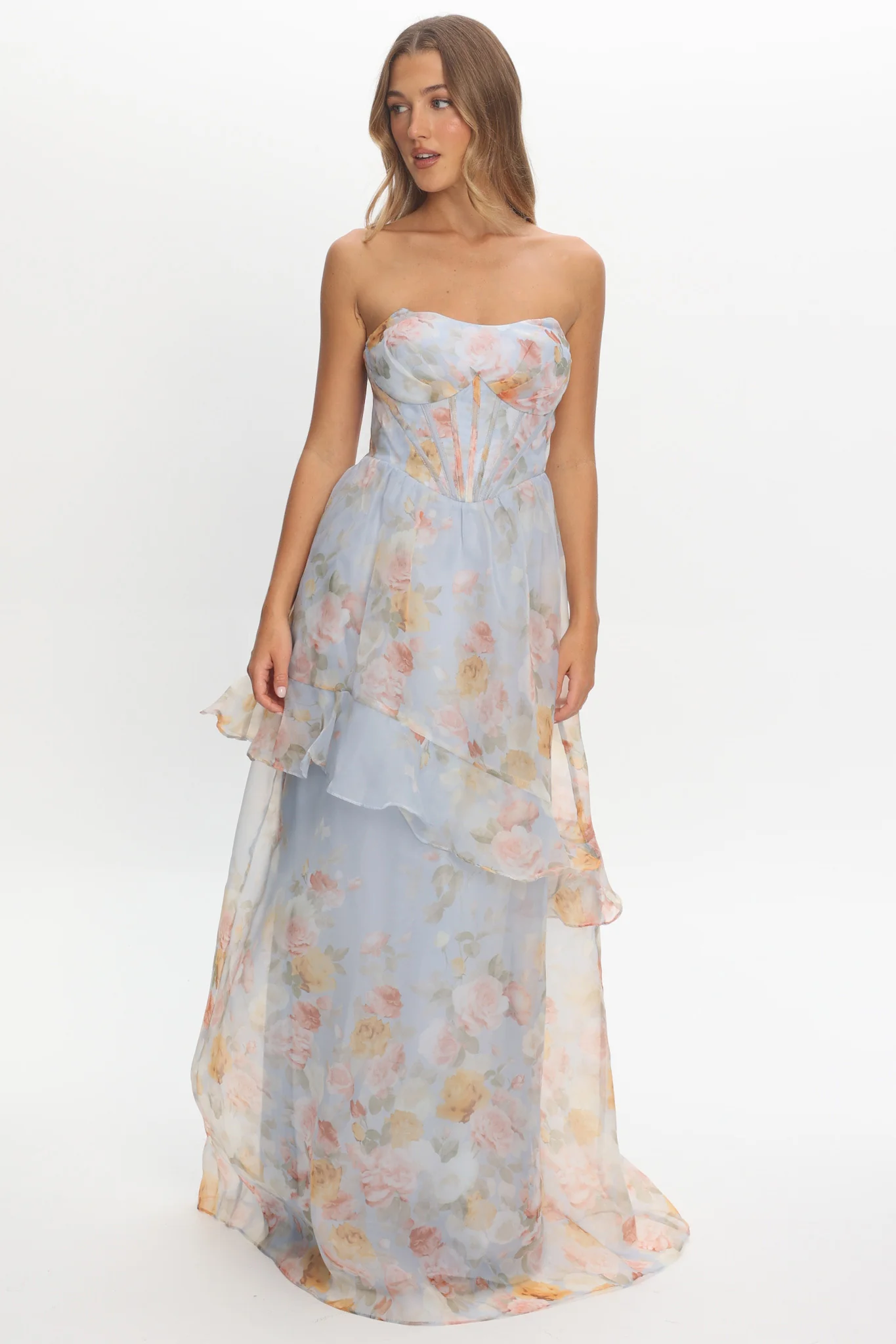 Petrice Asymmetric Layer Maxi Dress Floral Light Blue - Image 5