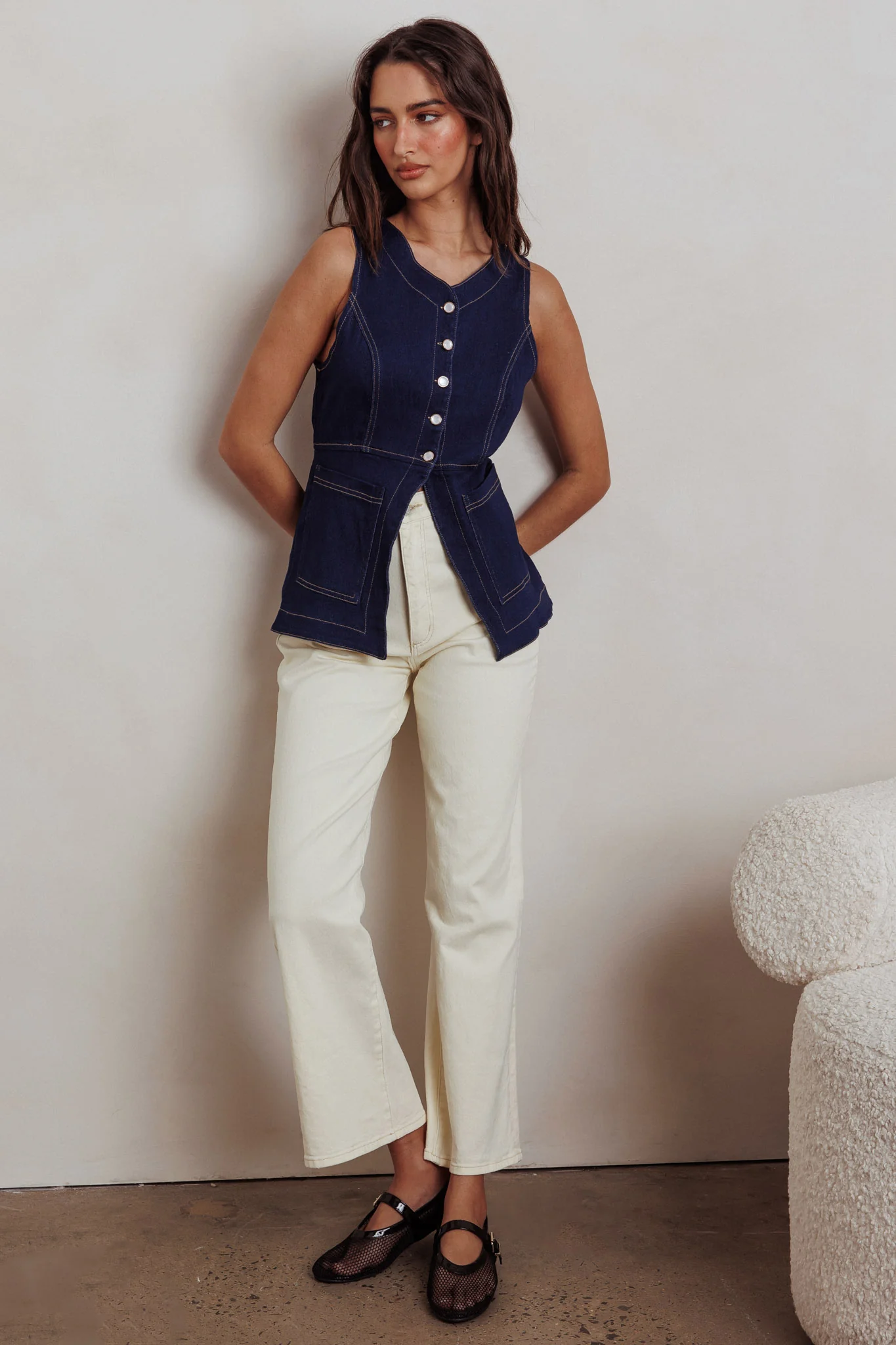 Philomena Button Front Pocket Vest Top Denim - Image 4