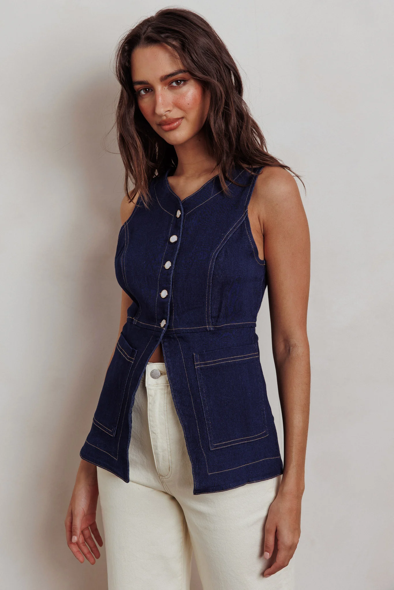 Philomena Button Front Pocket Vest Top Denim - Image 6
