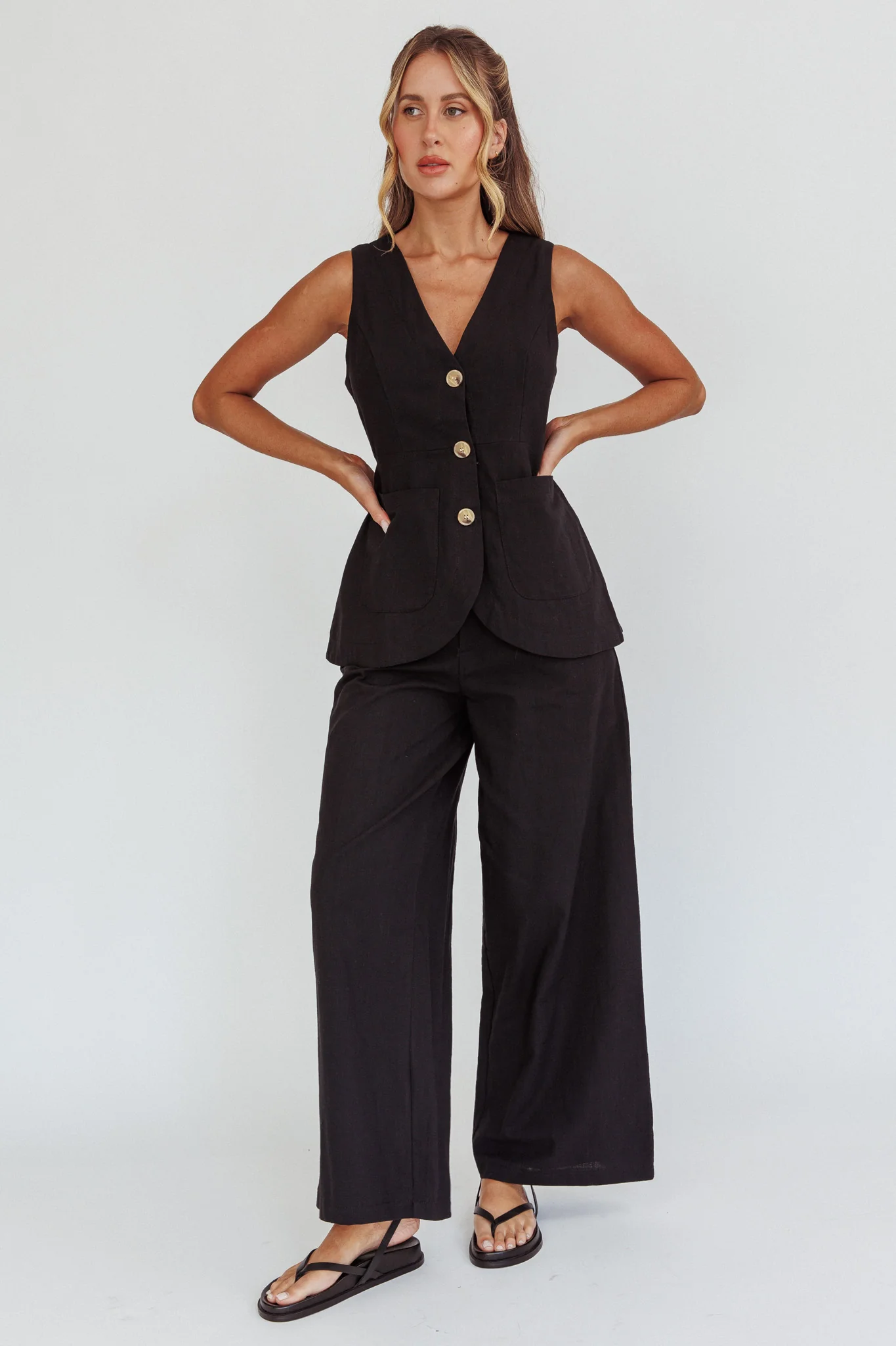 Philomena Button Pocket Vest Top Black - Image 3