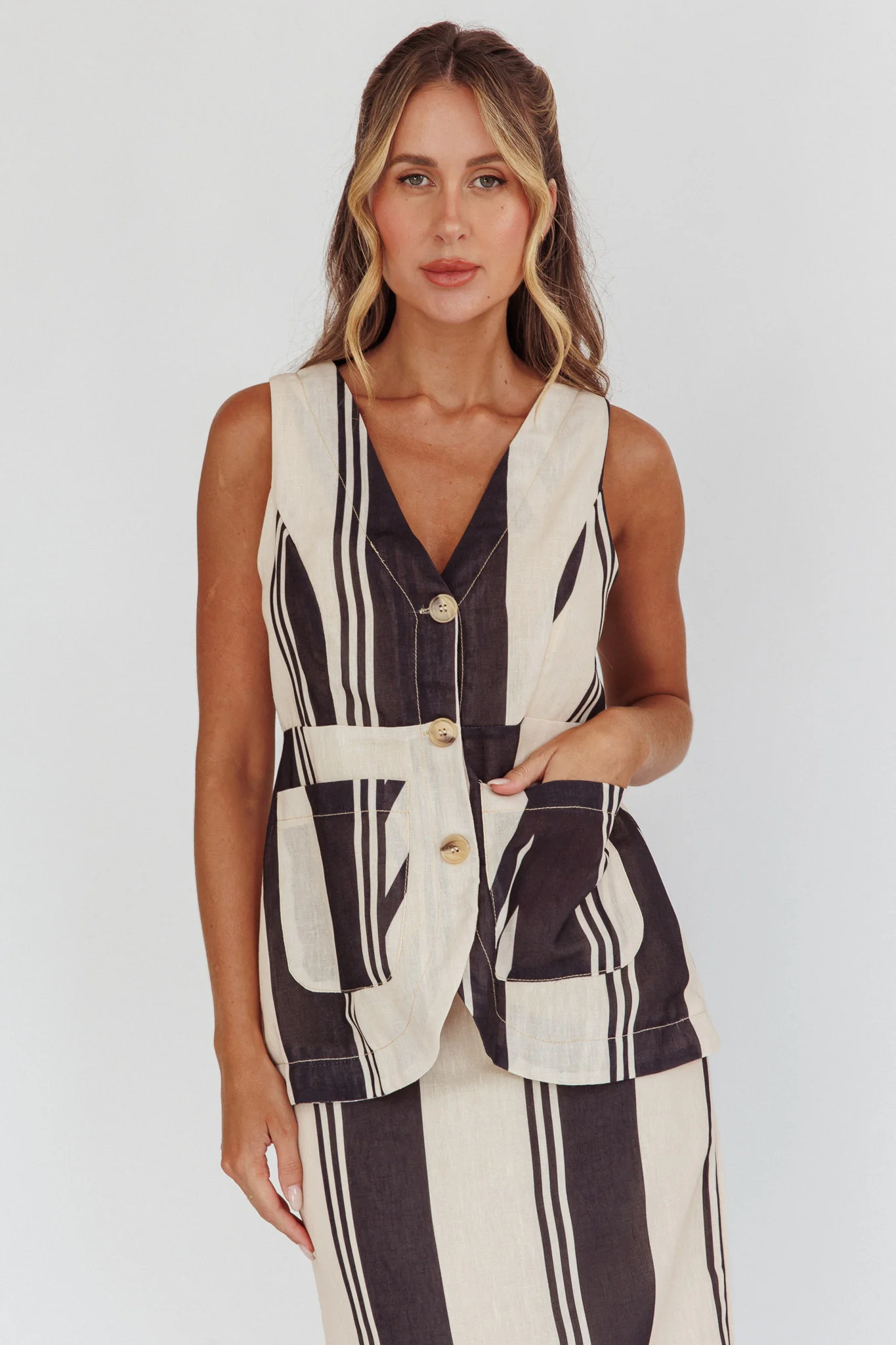 Philomena Button Pocket Vest Top Stripe Black - Image 6