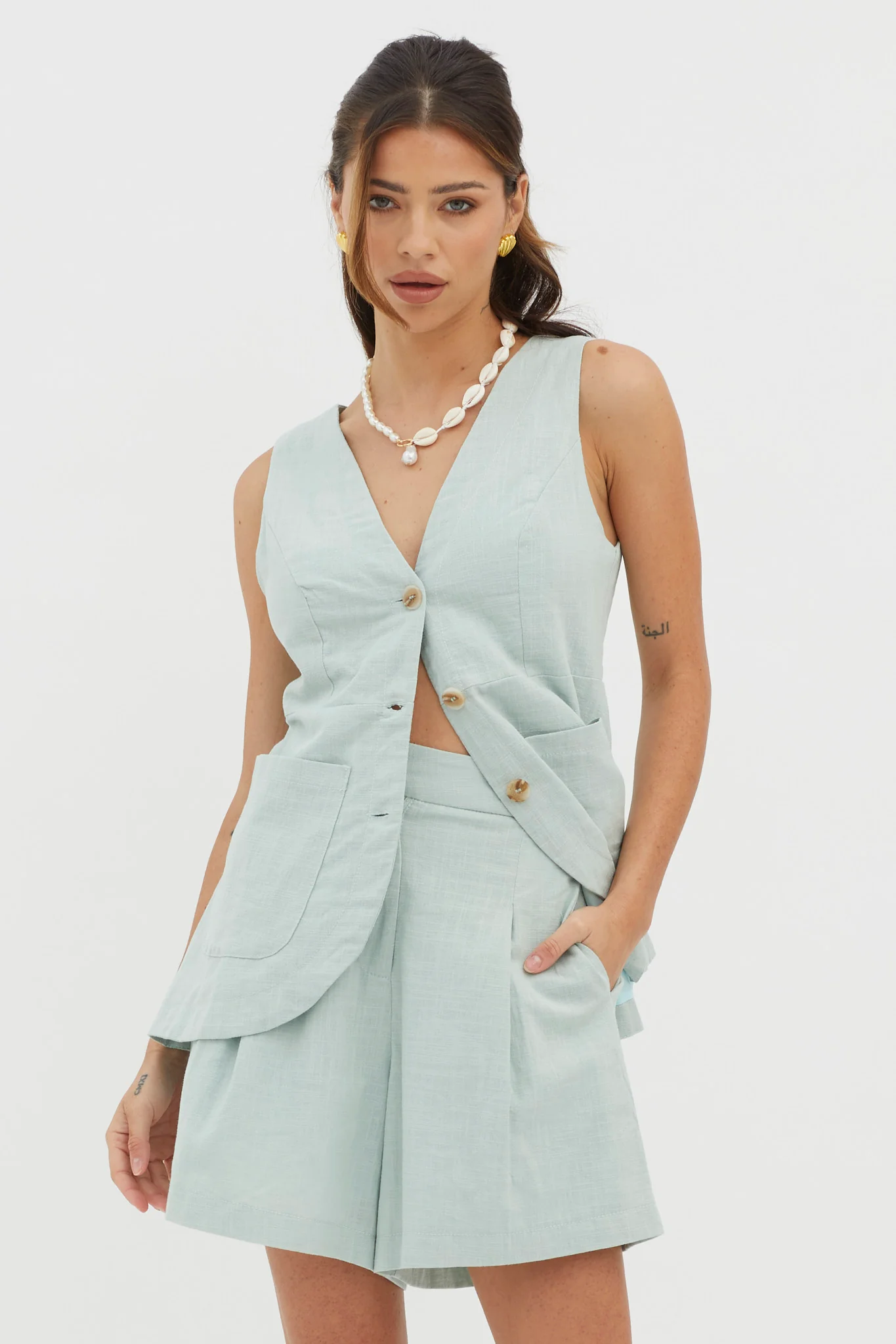 Philomena Pleat Shorts Sage - Image 2