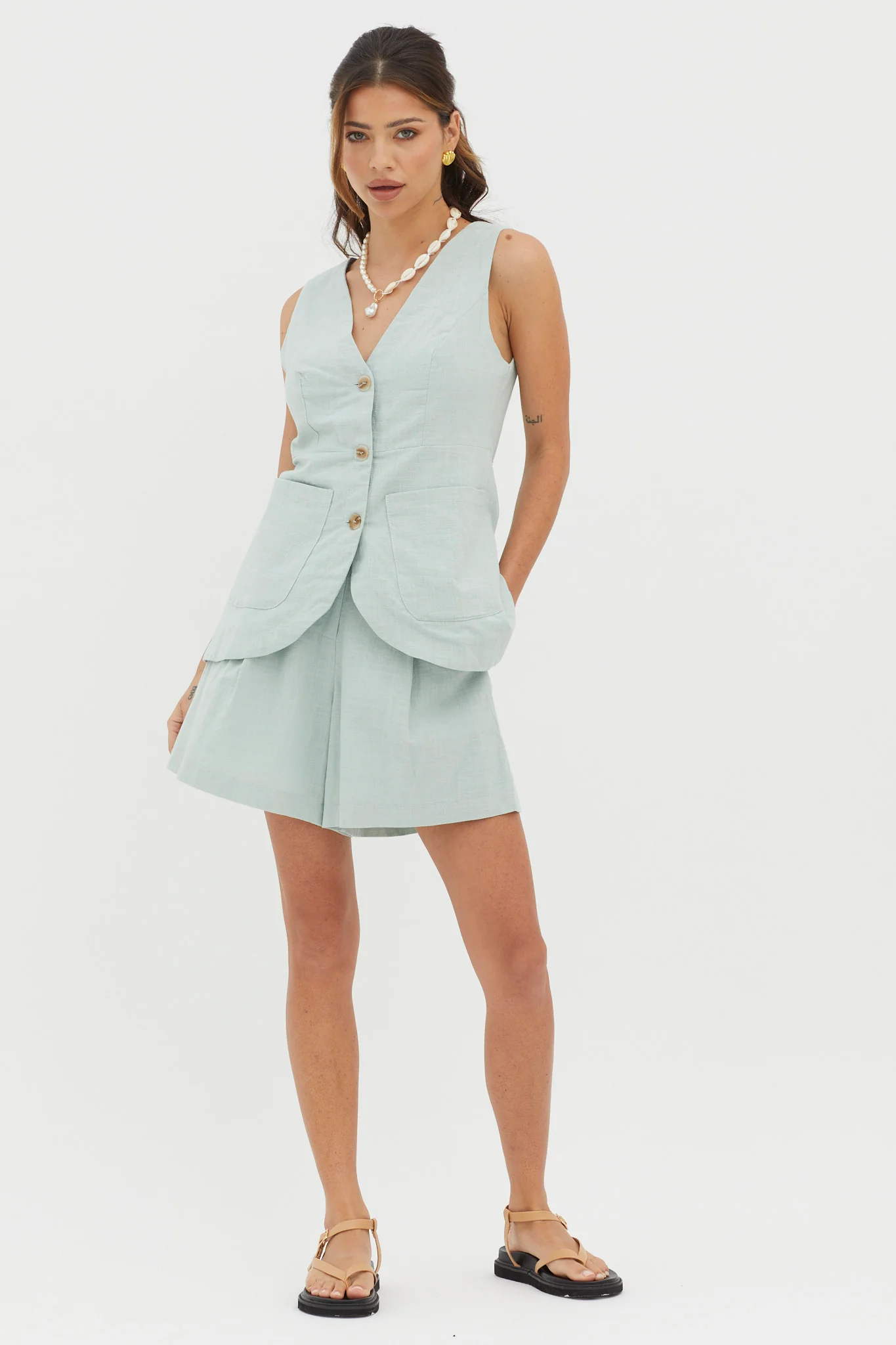 Philomena Pleat Shorts Sage - Image 5