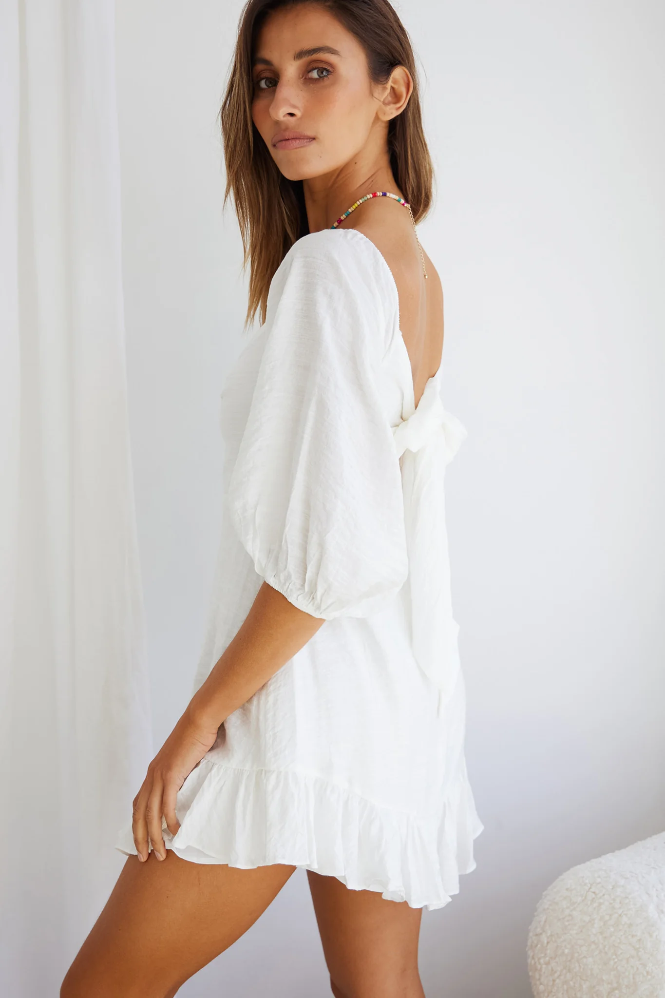 Picture This Three Quarter Sleeve Cut-Out Bust Mini Dress White - Image 6