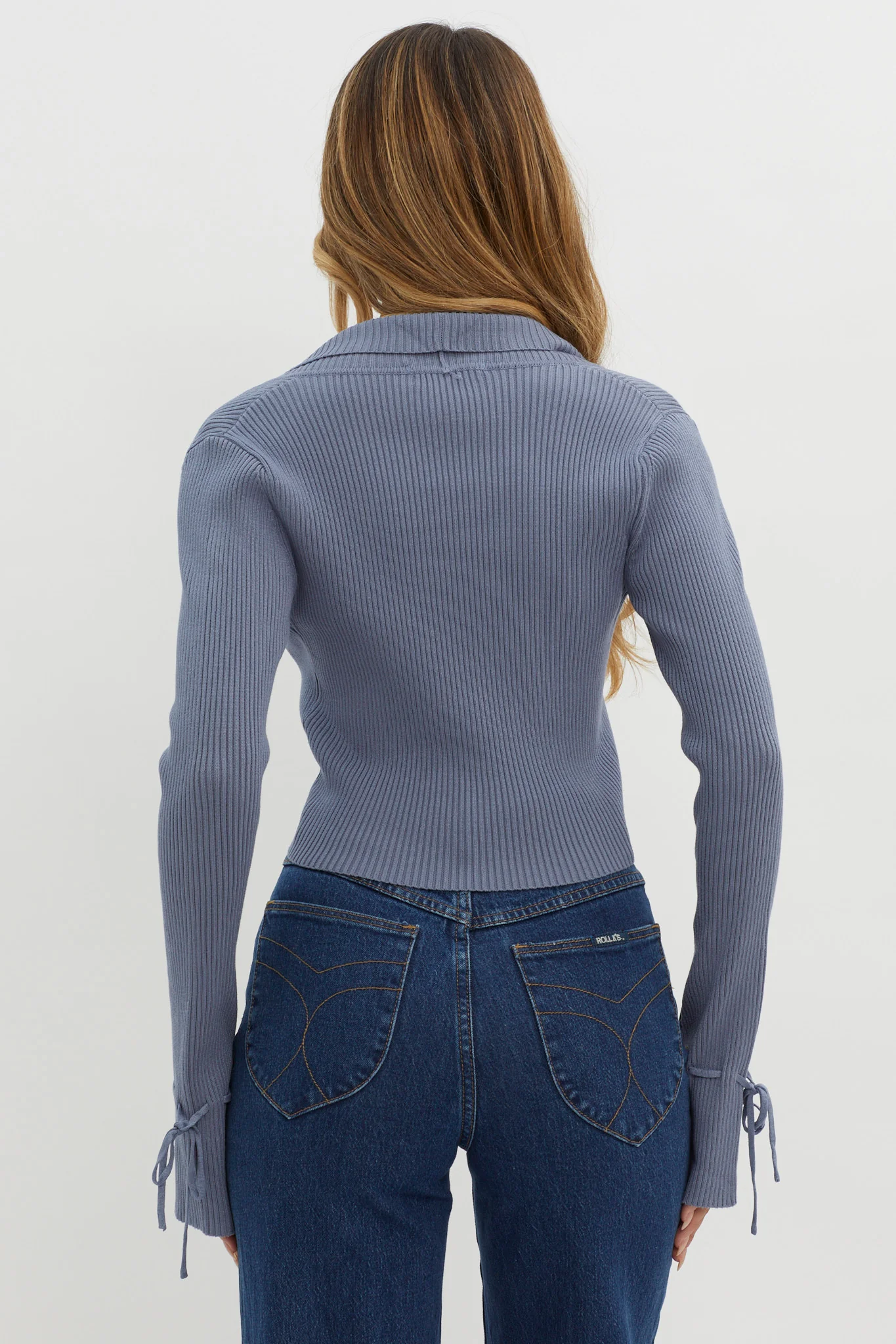 Pippi Flared Cuff Knit Crop Top Dusty Blue - Image 2