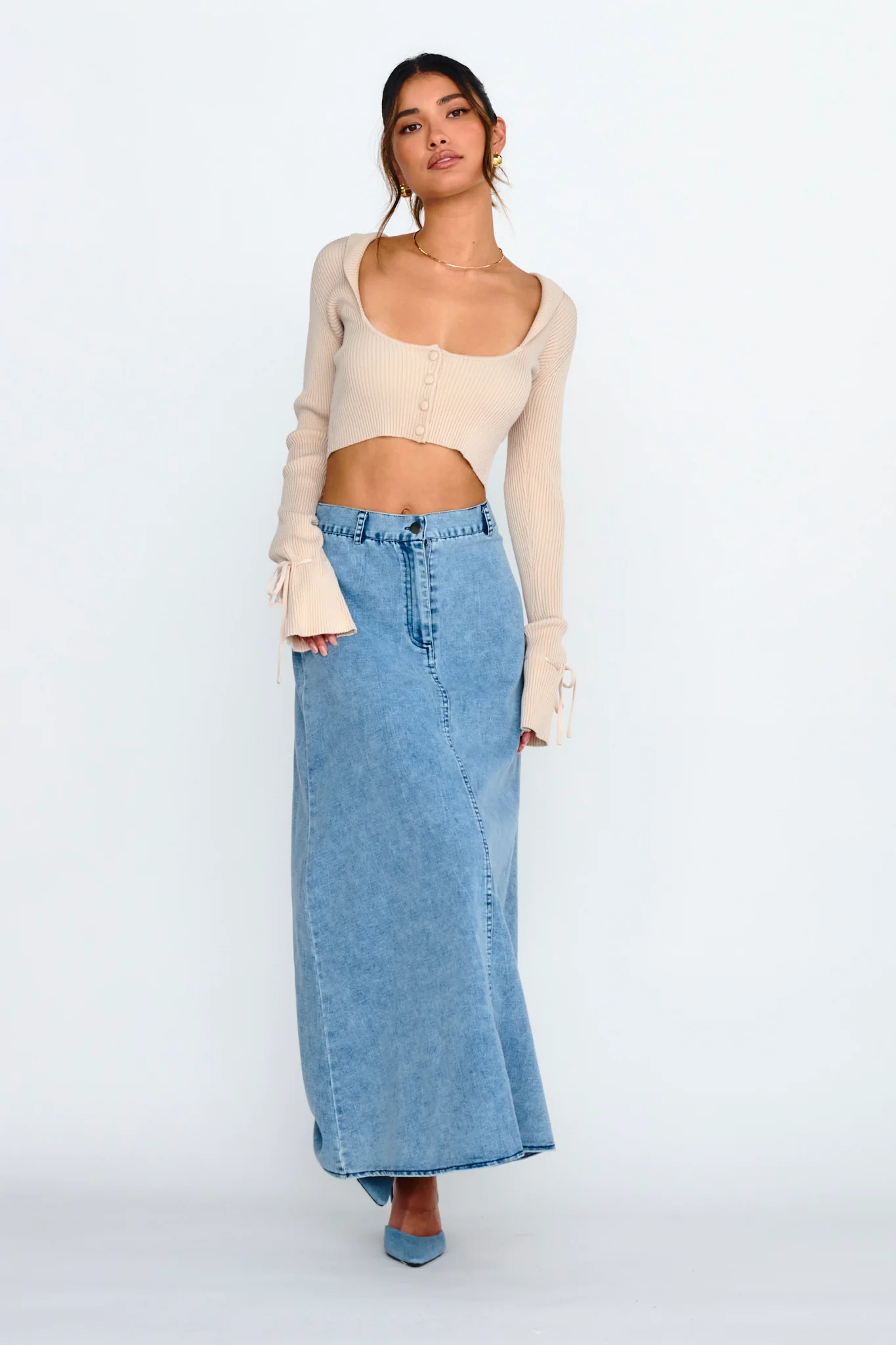 Pippi Flared Cuff Knit Crop Top Taupe - Image 4