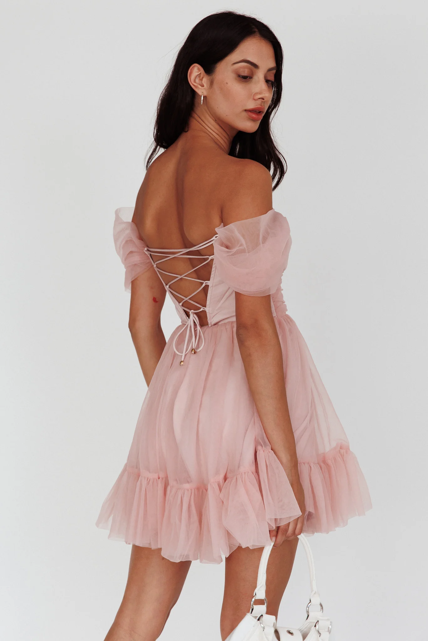 Pixi Off-Shoulder Lace-Up Back Back Dress Pink - Image 2