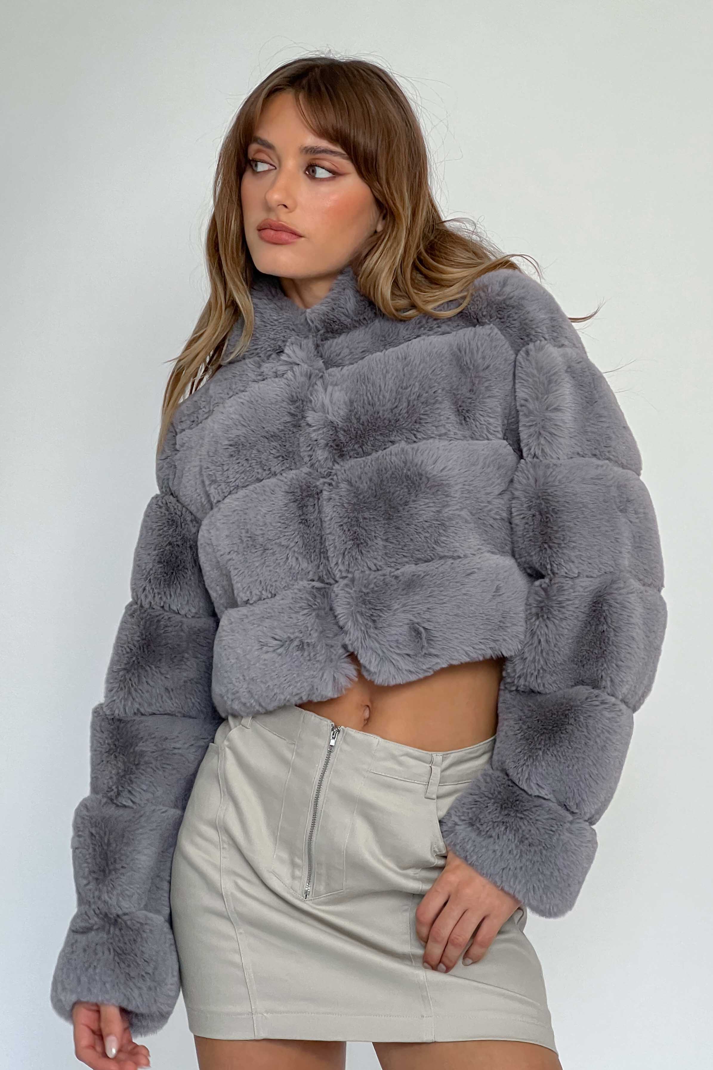 Polina Hooded Faux Fur Jacket Grey - Image 2