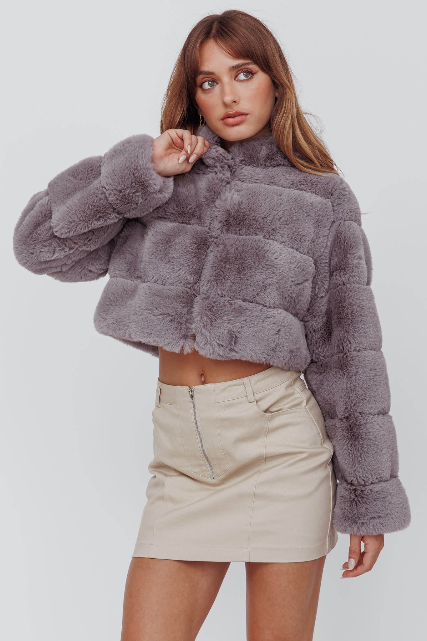 Polina Hooded Faux Fur Jacket Grey - Image 6