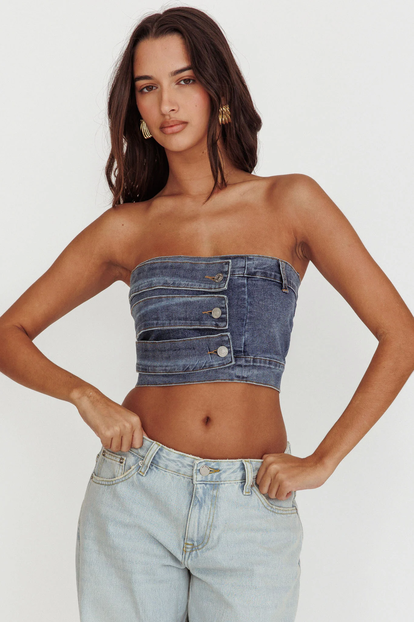 Pop Fizz Strapless Denim Cropped Top Medium Blue - Image 5