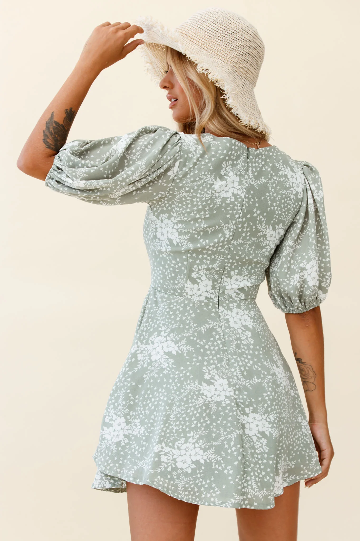 Portia Tied Bust Puff Sleeve Dress Flower Pattern Sage - Image 3