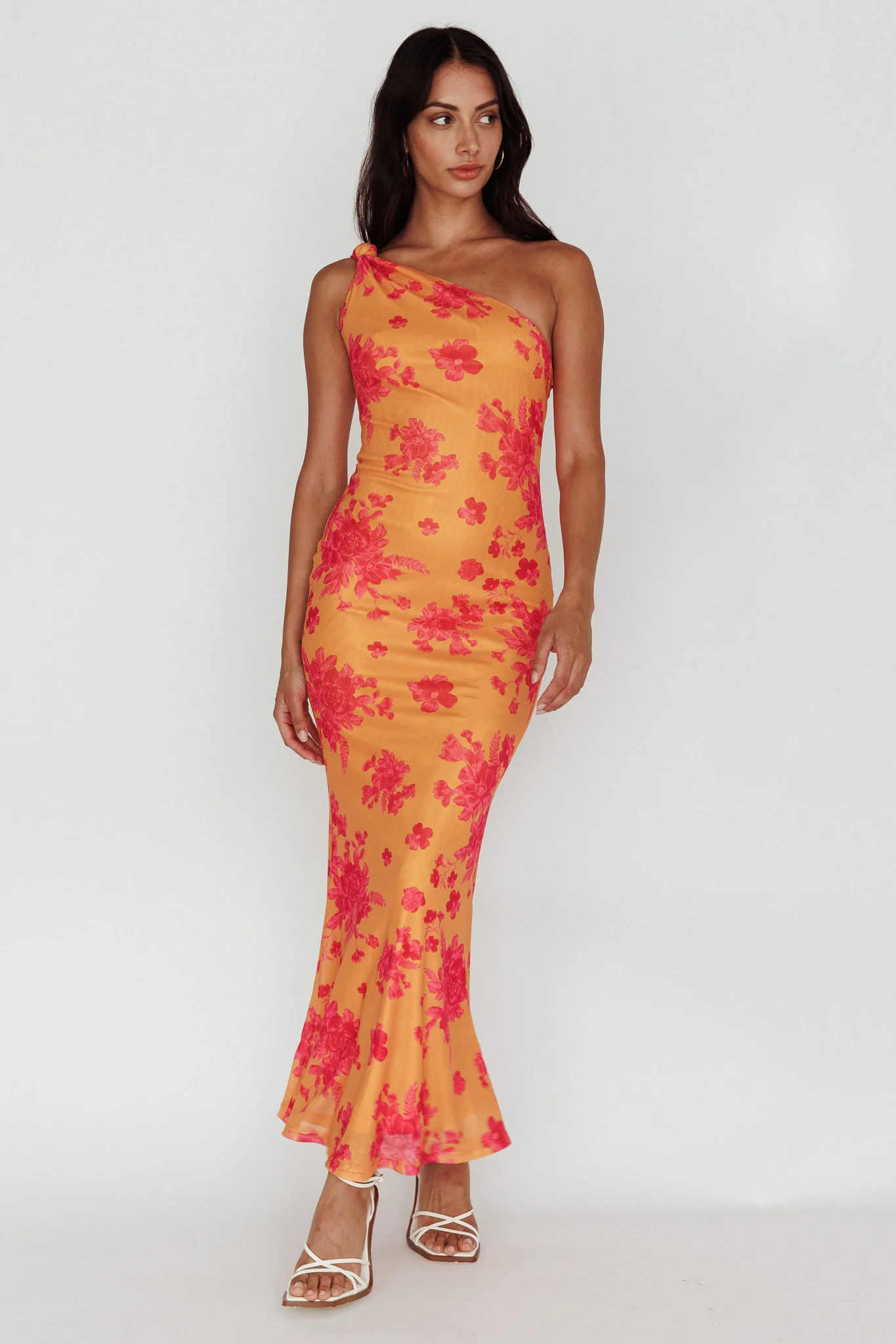 Portland One-Shoulder Jersey Maxi Dress Floral Orange - Image 3