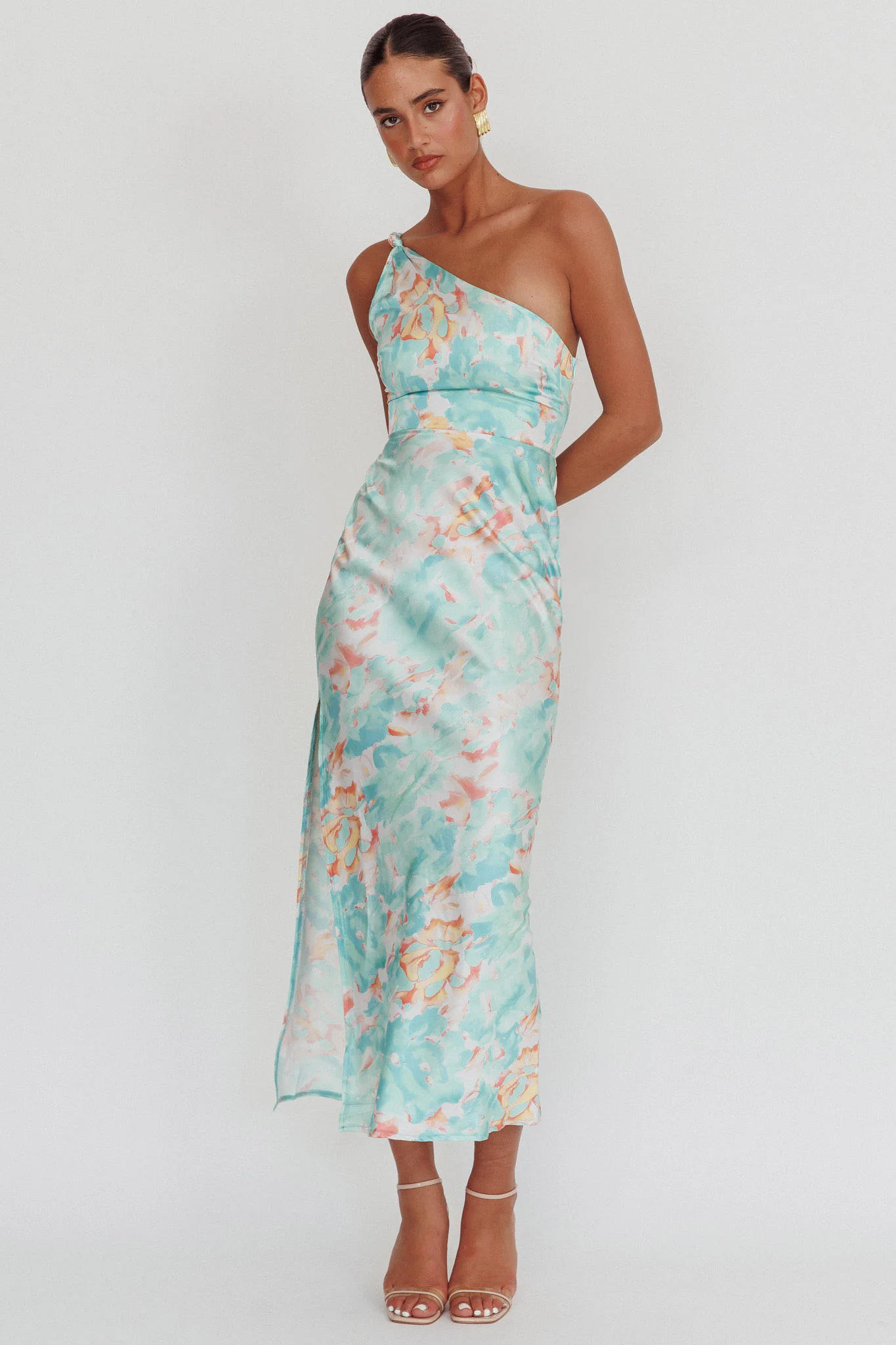 Portland One-Shoulder Maxi Dress Floral Mint - Image 3