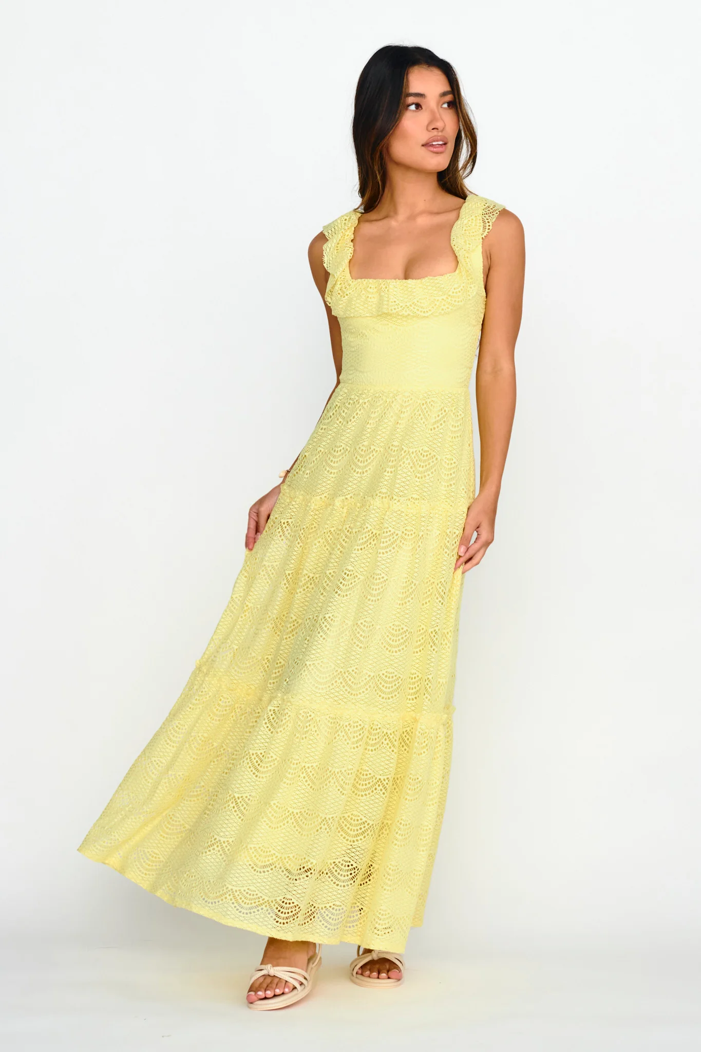 Portofino Sunset Ruffle Lace Maxi Dress Lemon - Image 4
