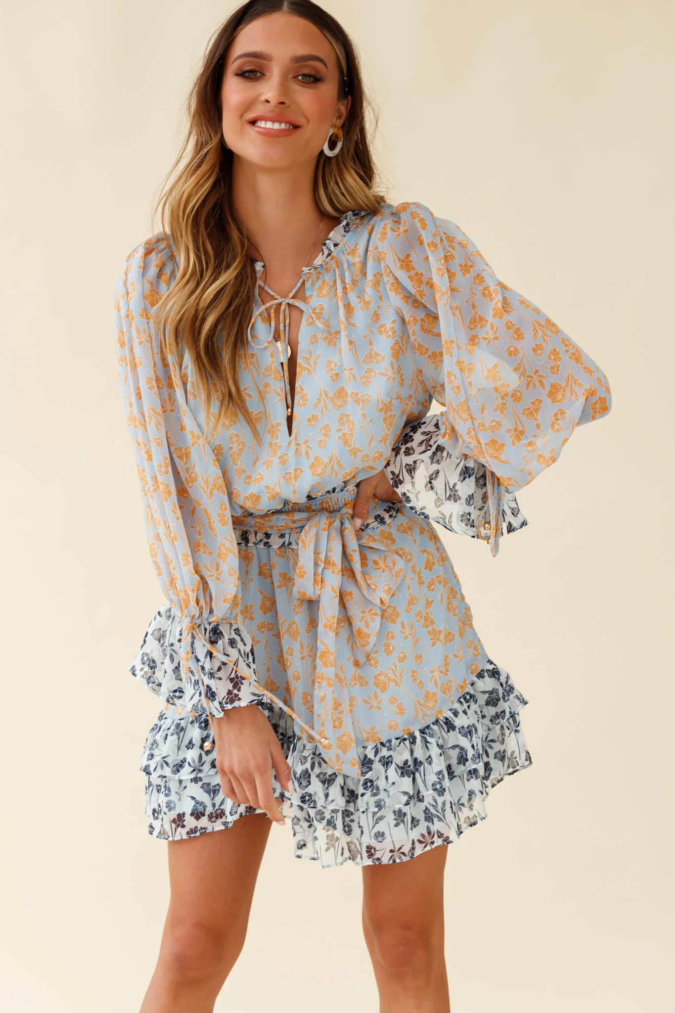 Prague Long Sleeve Ruffle Hem Dress Floral Print Blue/Orange Multi - Image 4