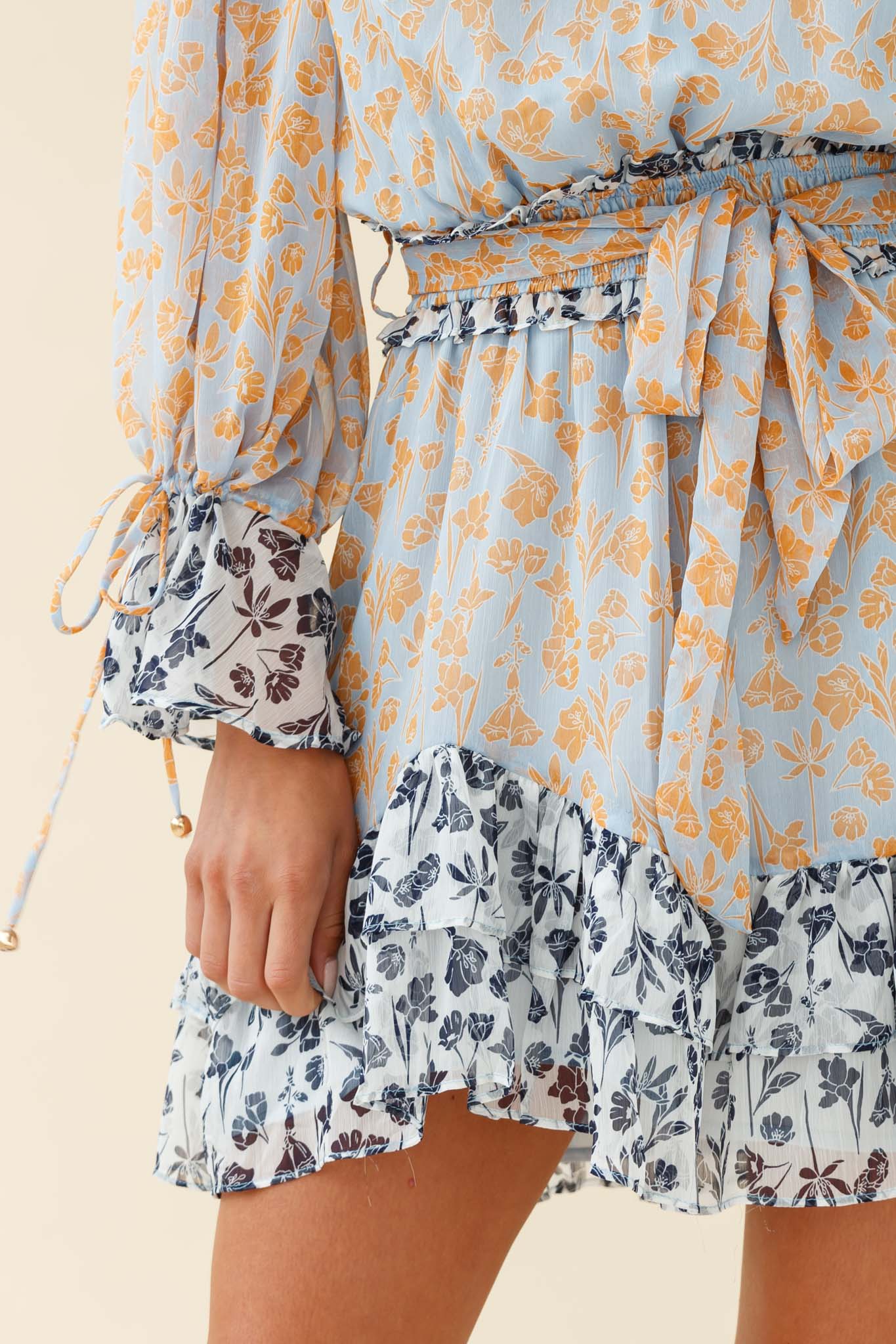 Prague Long Sleeve Ruffle Hem Dress Floral Print Blue/Orange Multi - Image 5