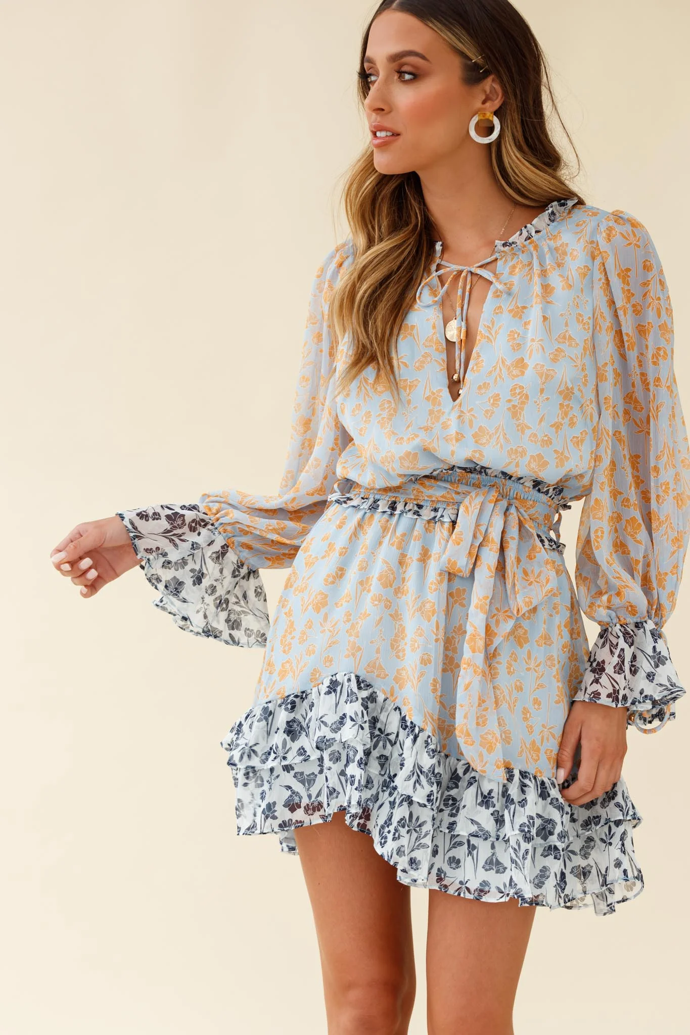 Prague Long Sleeve Ruffle Hem Dress Floral Print Blue/Orange Multi - Image 7