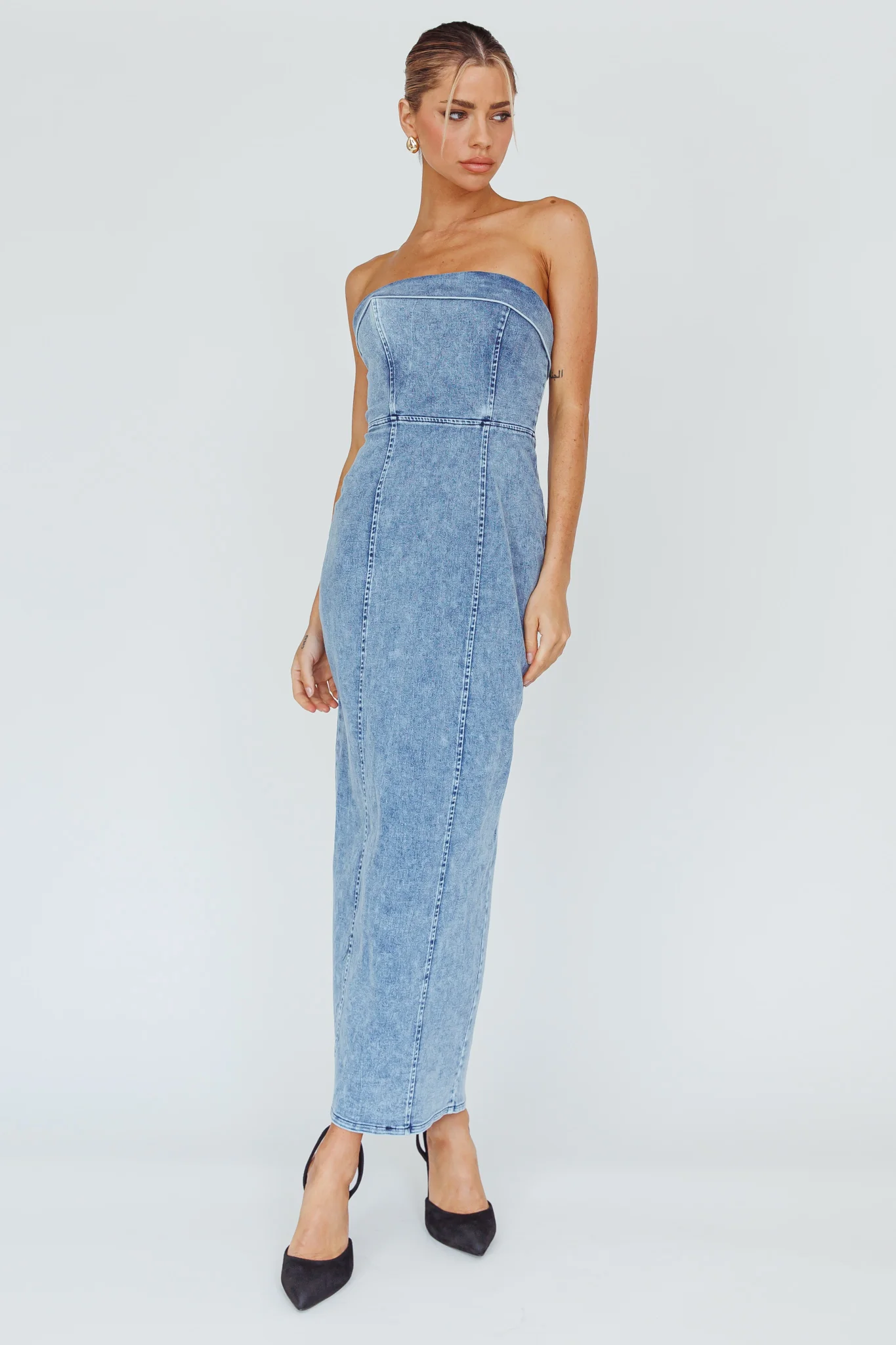 Press Play Strapless Maxi Dress Denim Blue - Image 3