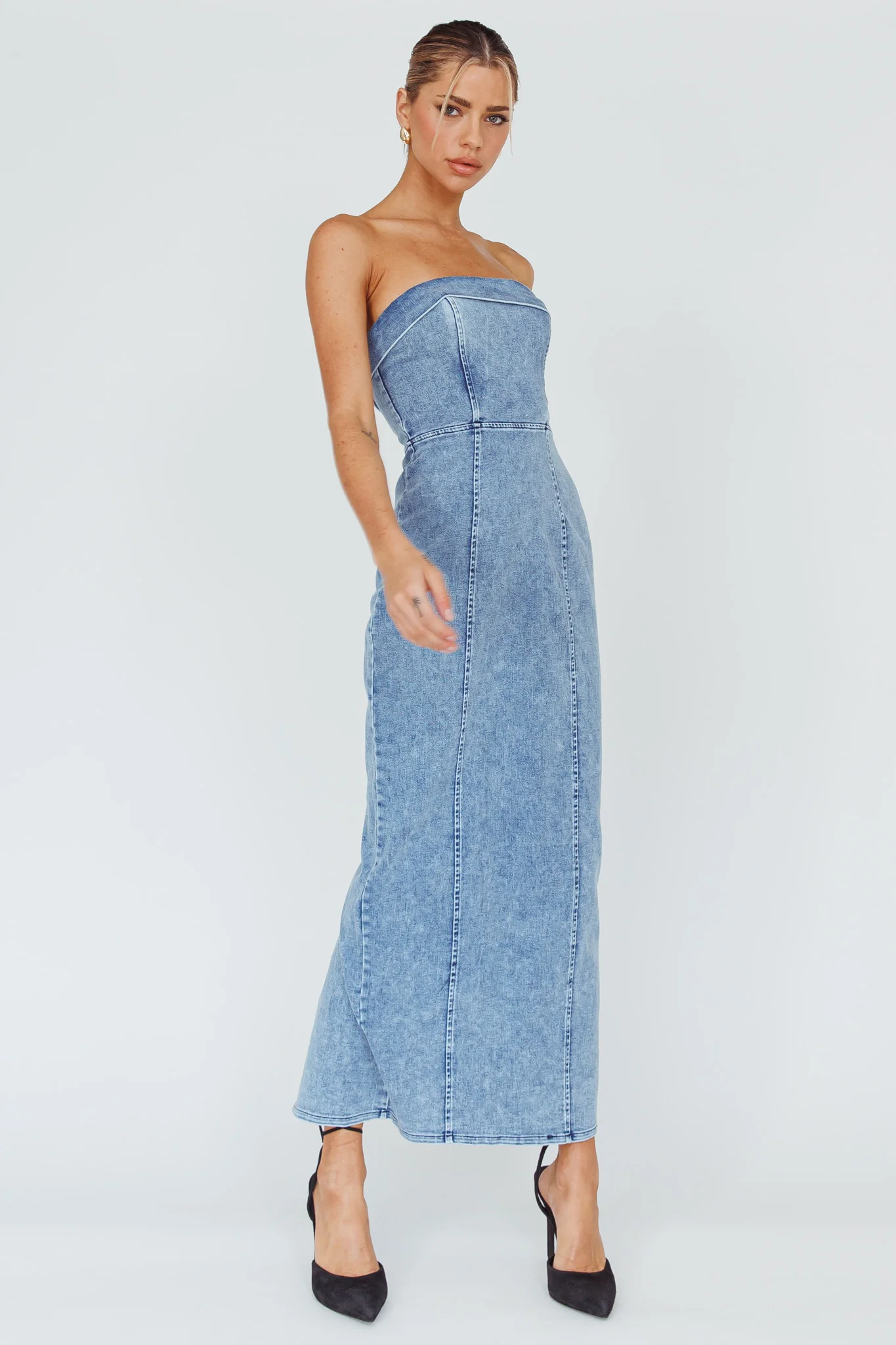 Press Play Strapless Maxi Dress Denim Blue - Image 5