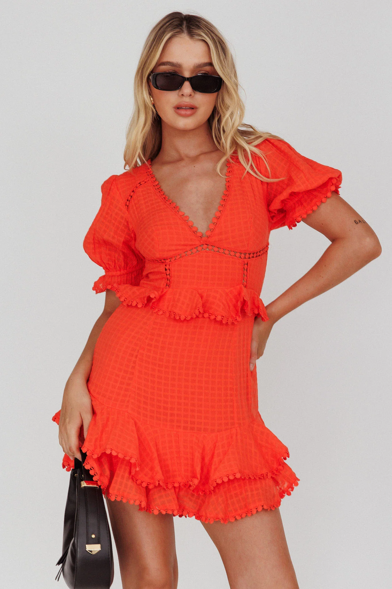 Preston Puff Sleeve Crochet Trim Dress Coral - Image 3