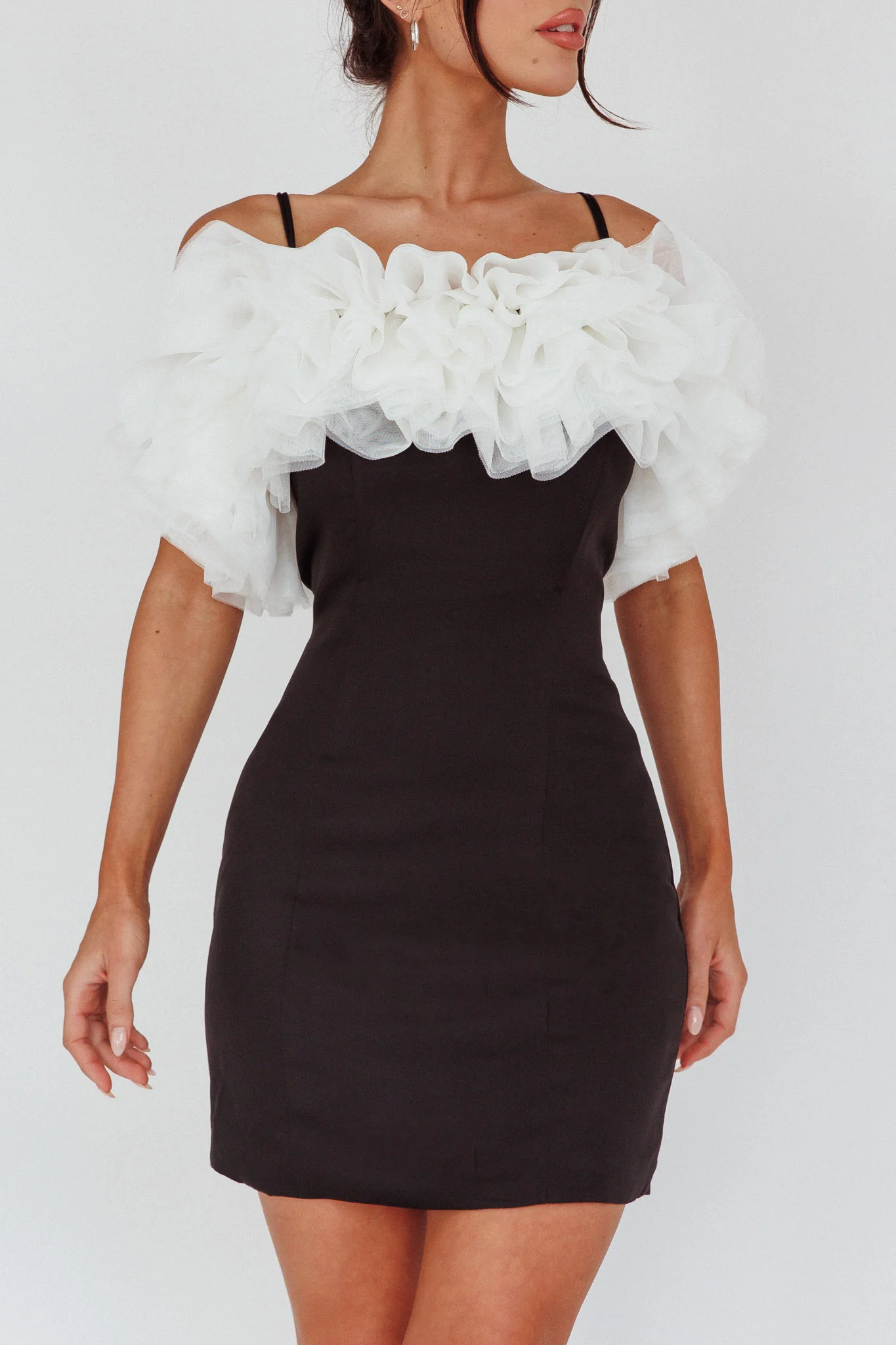 Prima Tulle Neckline Mini Dress Black/White - Image 3