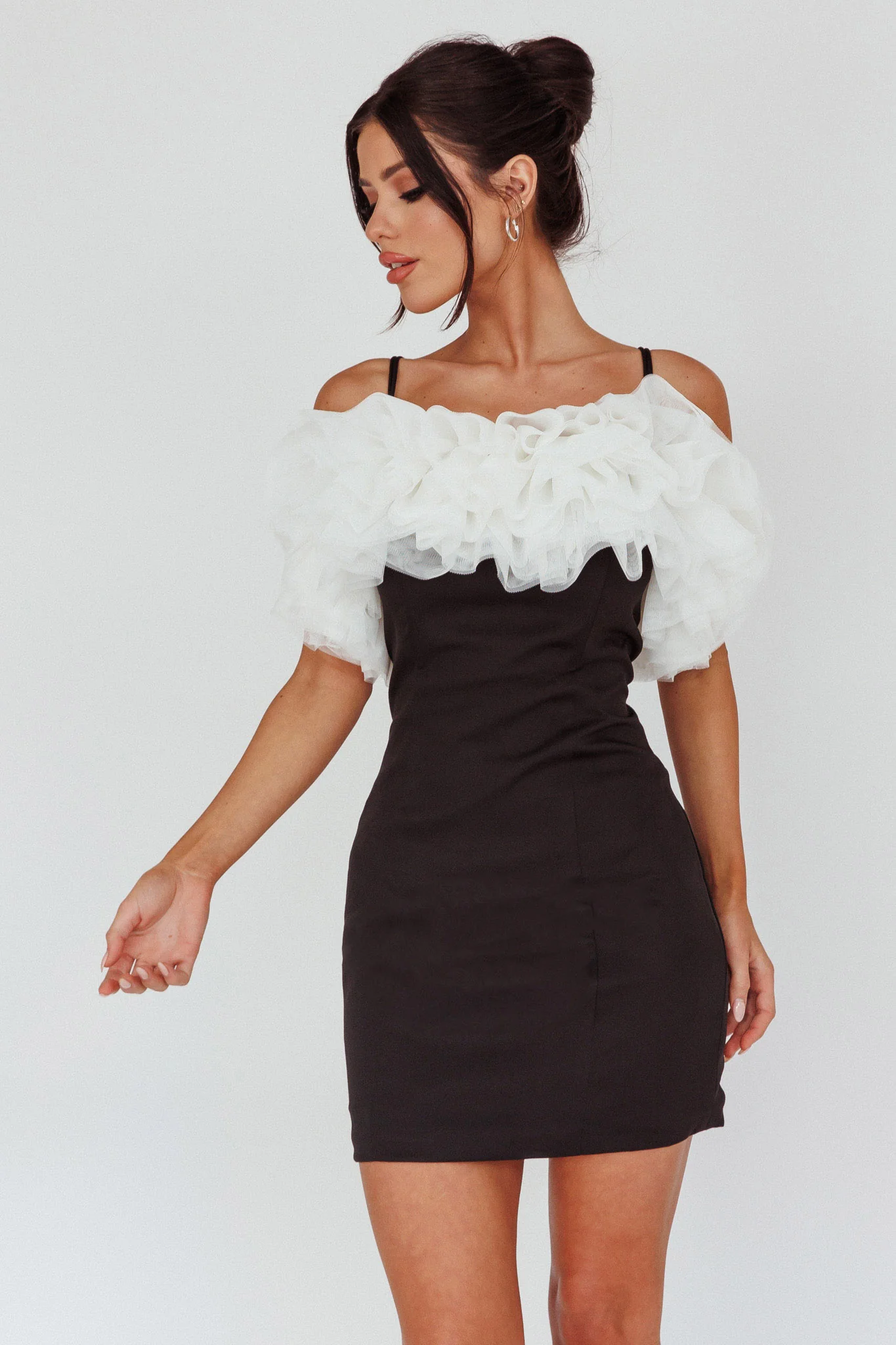 Prima Tulle Neckline Mini Dress Black/White - Image 6