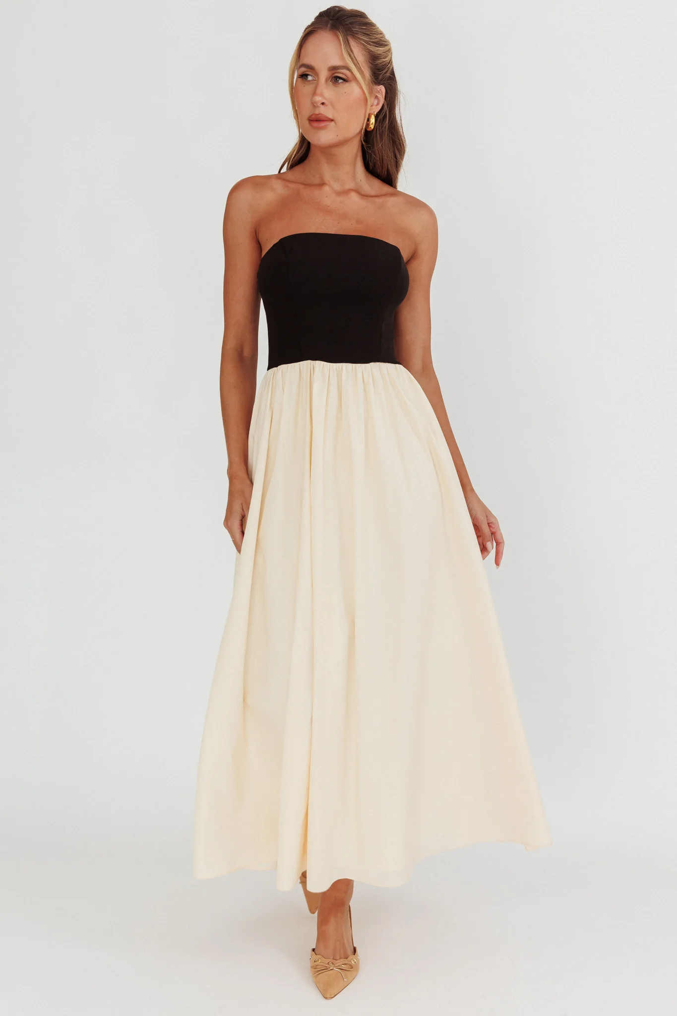 Princess Strapless Contrast Maxi Dress Black/Beige - Image 2
