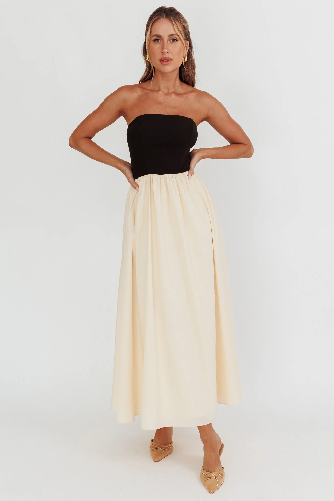 Princess Strapless Contrast Maxi Dress Black/Beige - Image 5