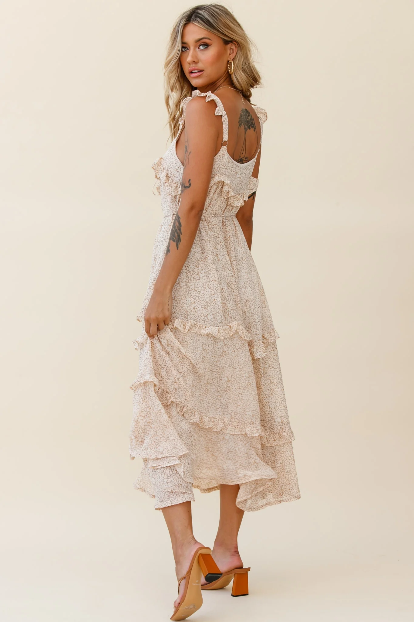 Priscilla Frill Detail Maxi Dress Floral Print Beige - Image 3