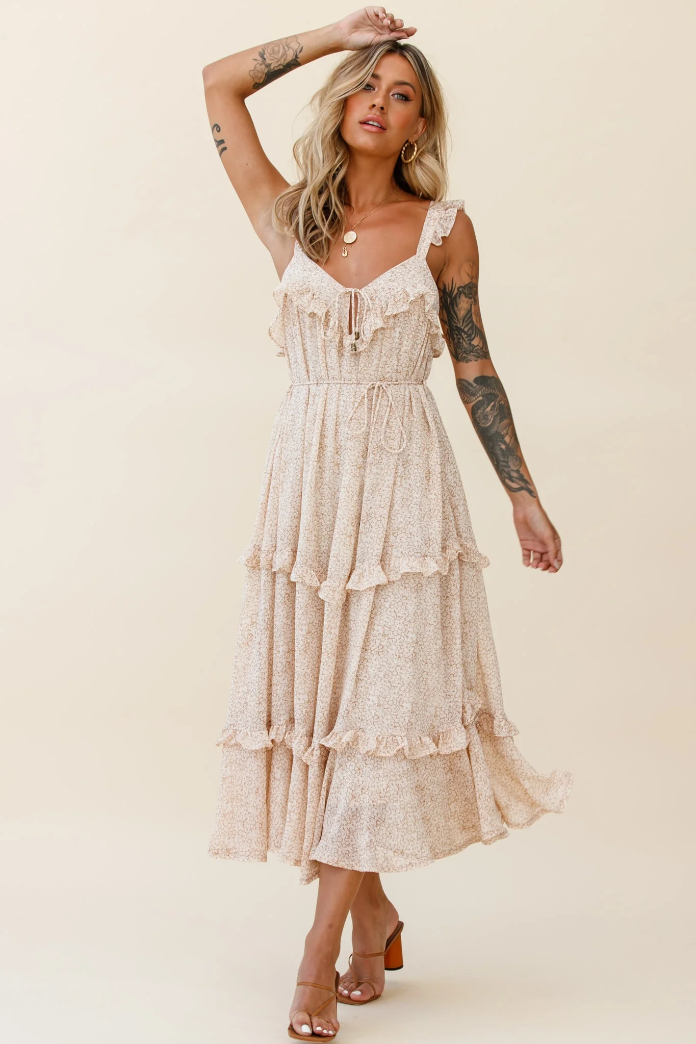 Priscilla Frill Detail Maxi Dress Floral Print Beige - Image 6