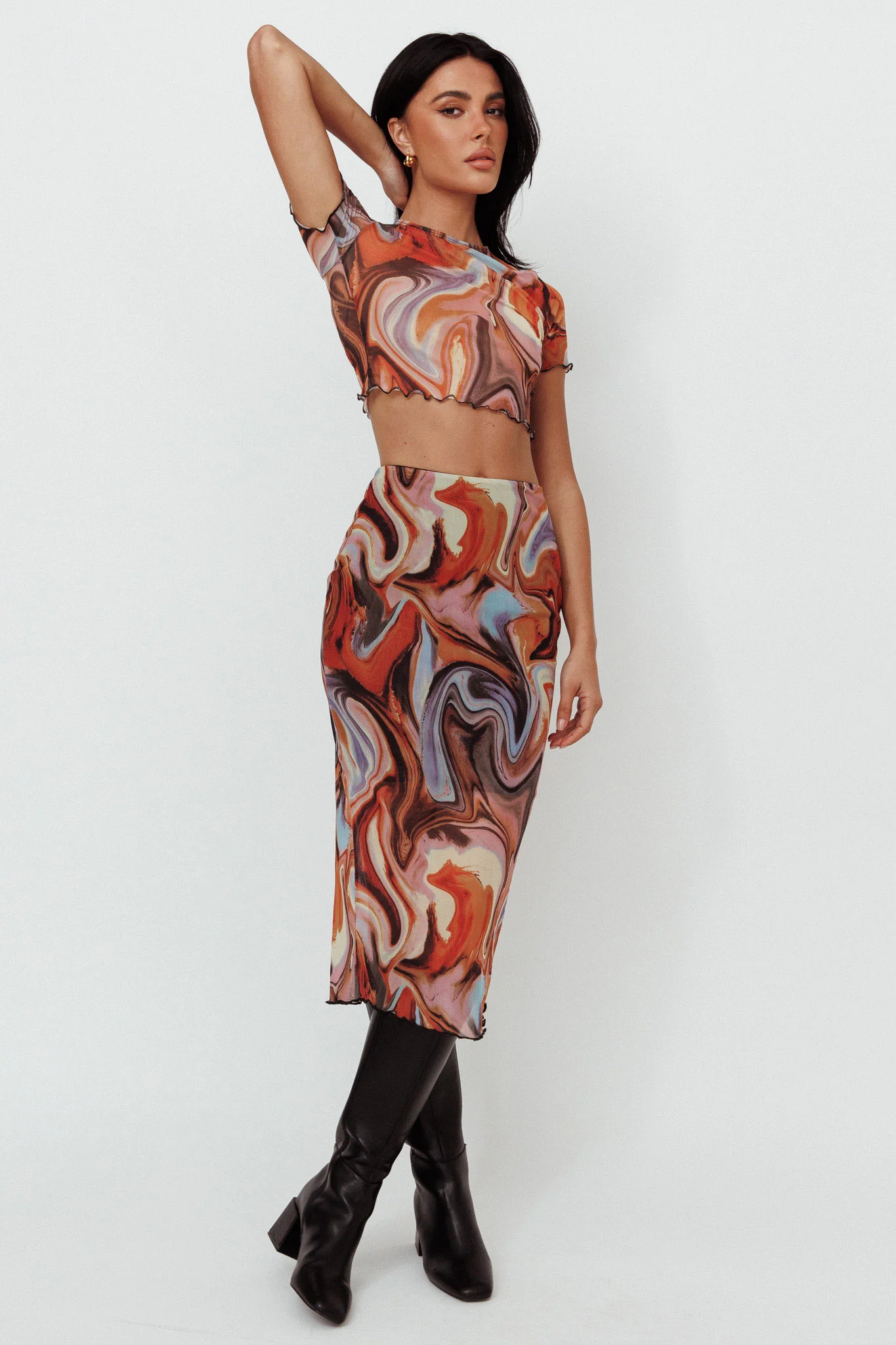 Priyanka Lettuce Edge Mesh Midi Skirt Brown Multi - Image 3