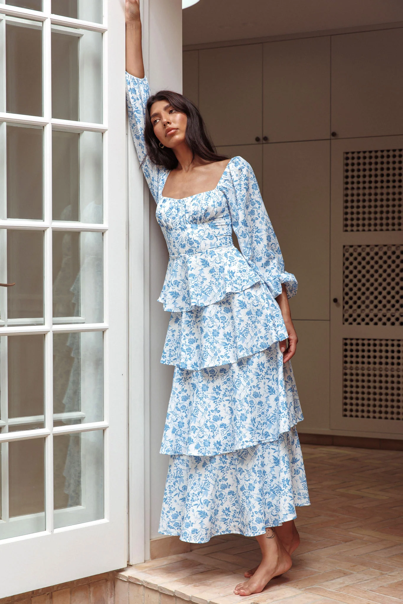 Provence Bloom Long Sleeve Maxi Dress Floral Blue - Image 3