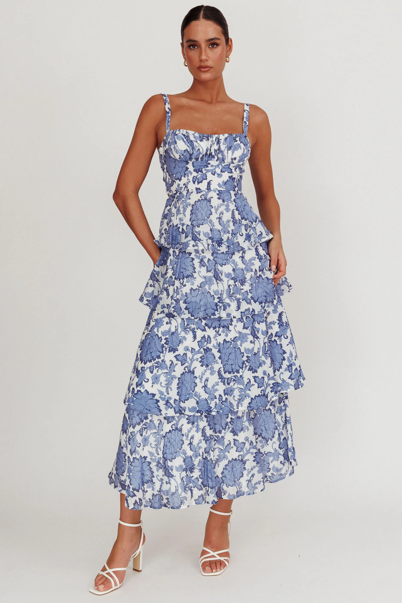 Provence Bloom Tiered Maxi Dress Floral Blue - Image 2