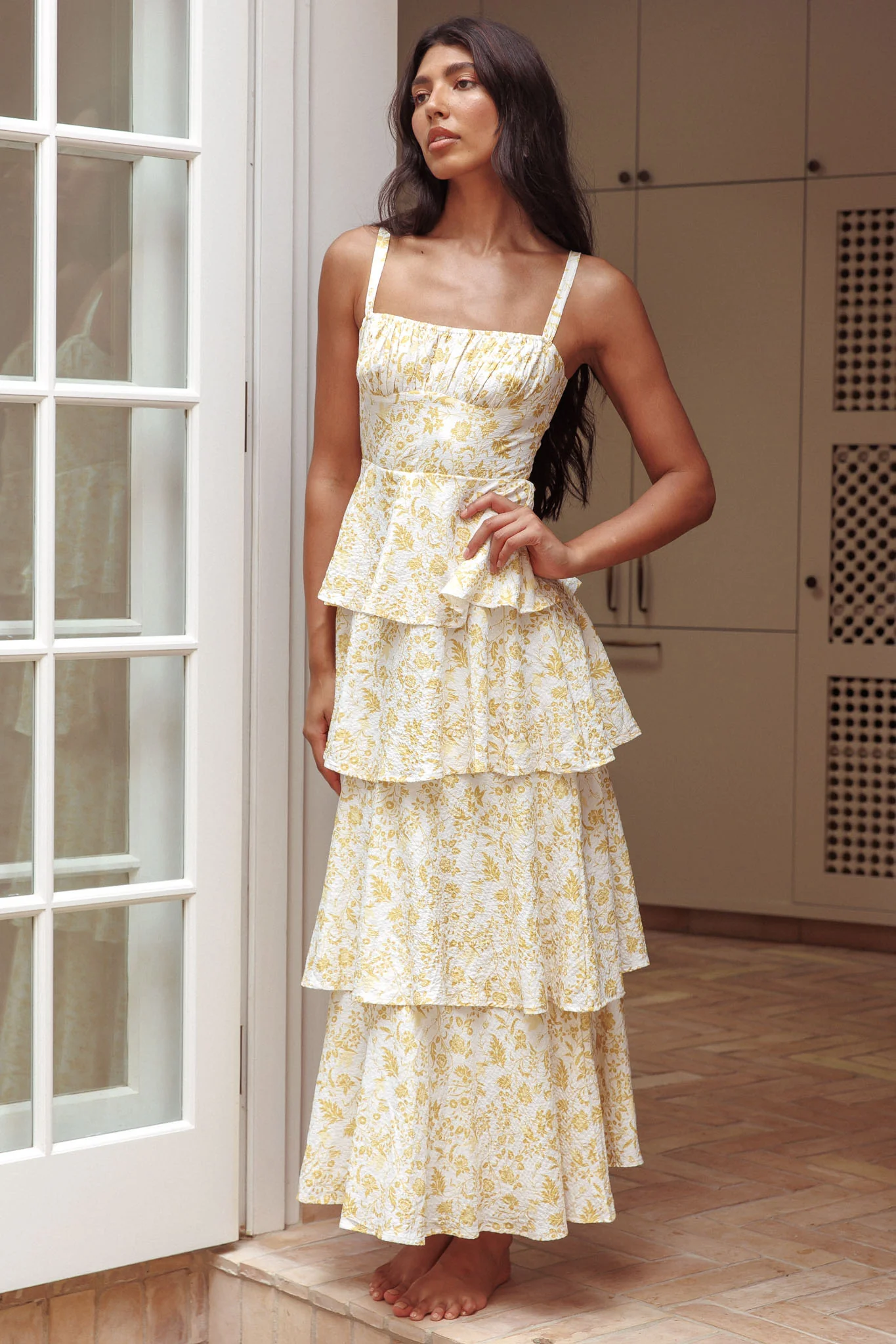 Provence Bloom Tiered Midi Dress Floral Yellow - Image 5