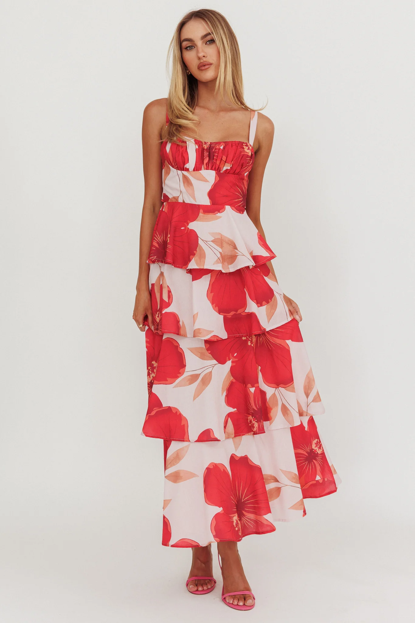 Provence Bloom Tiered Ruffle Floral Maxi Dress Blush - Image 3
