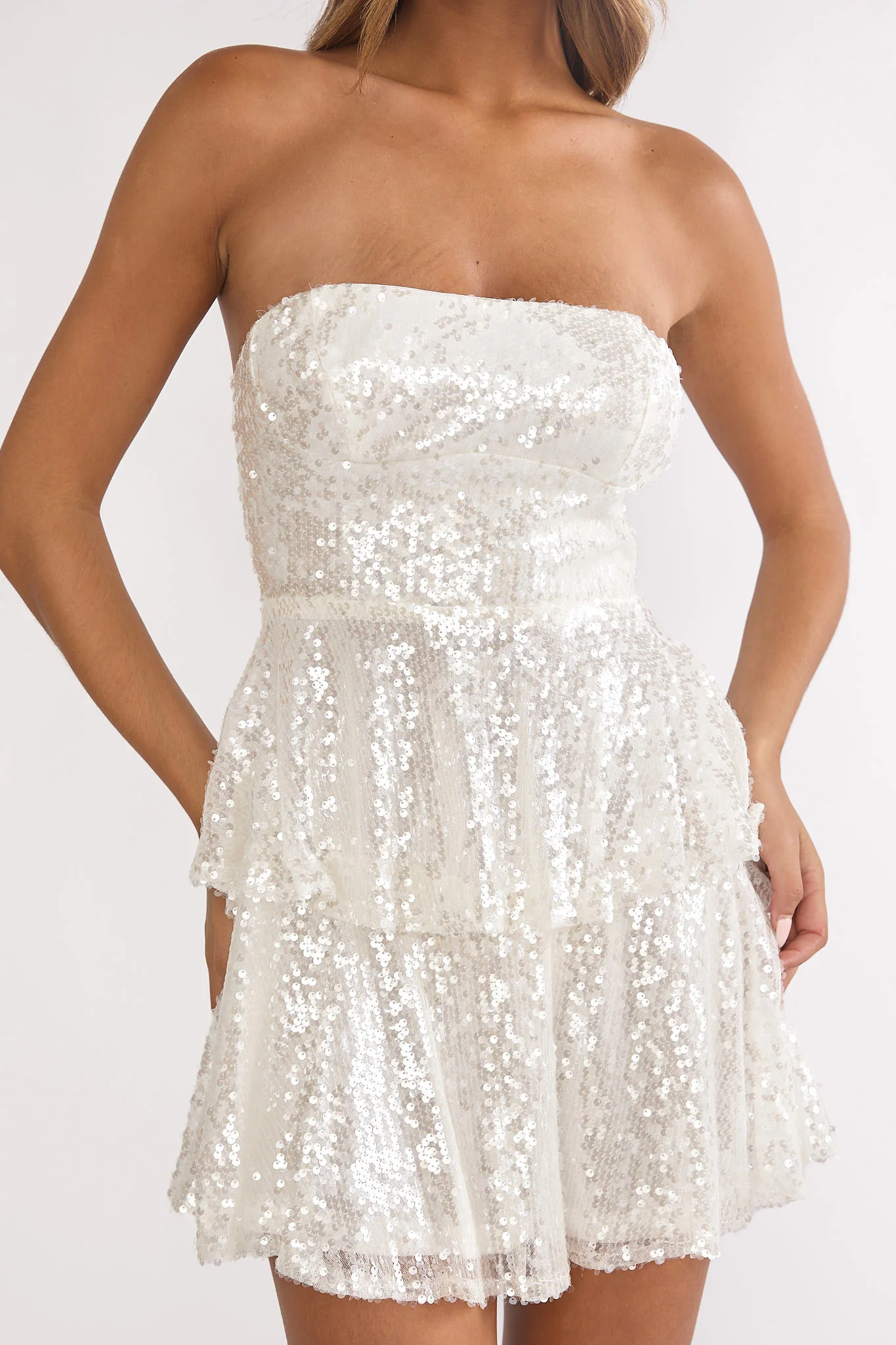 Provence Bloom Tiered Sequin Mini Dress White - Image 3