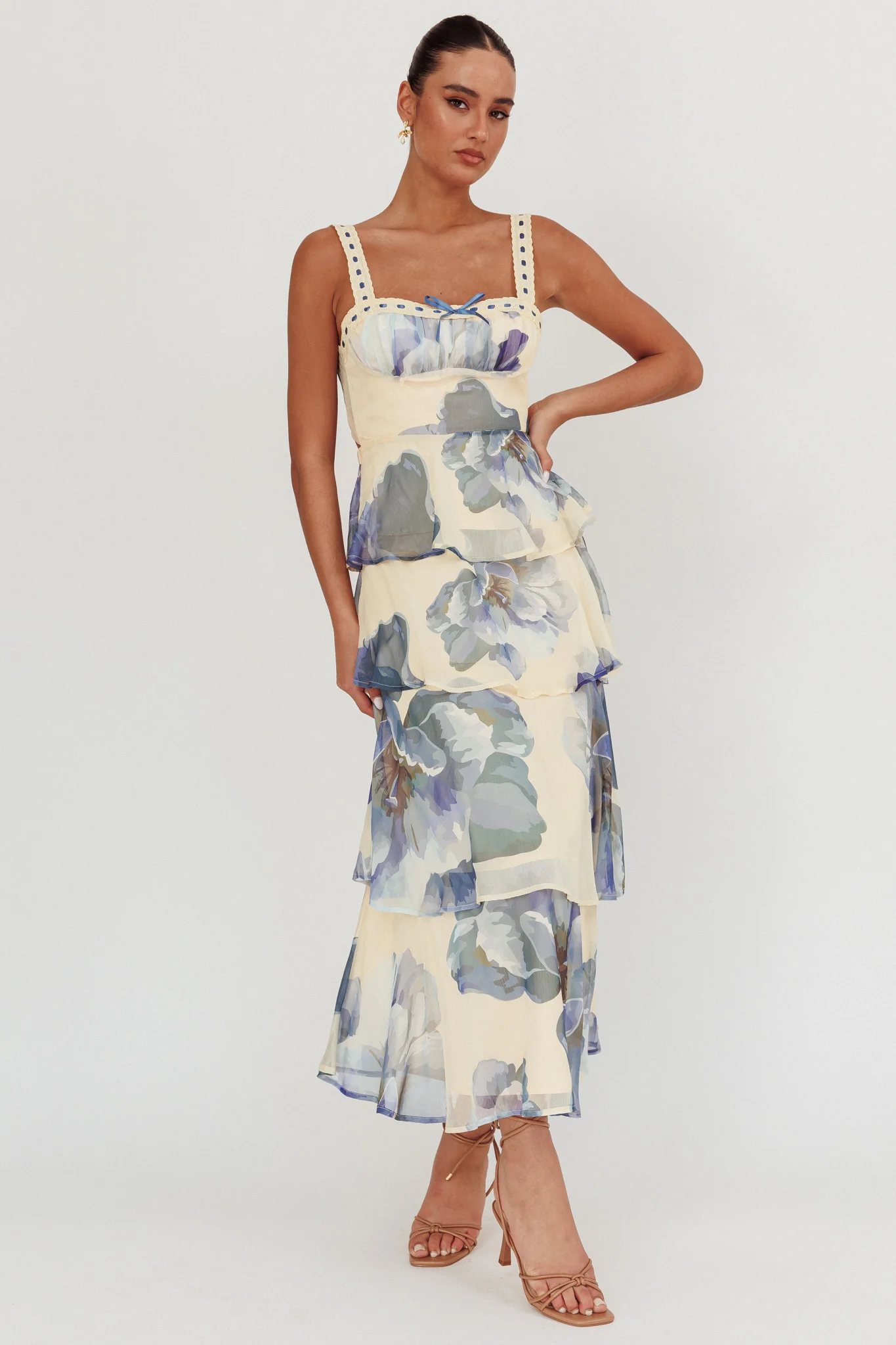 Provence Bloom Tiered Ruffle Maxi Dress Beige/Blue - Image 2