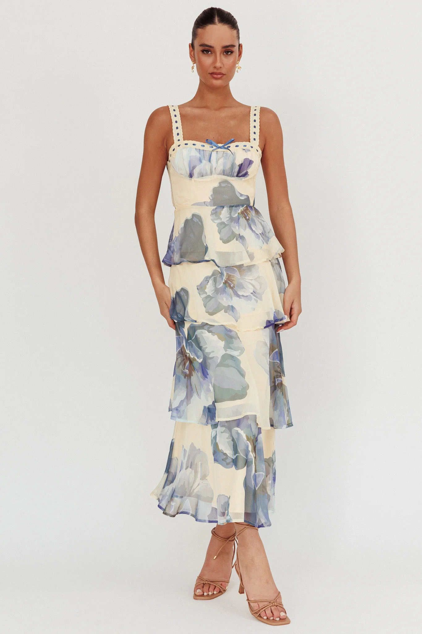 Provence Bloom Tiered Ruffle Maxi Dress Beige/Blue - Image 5